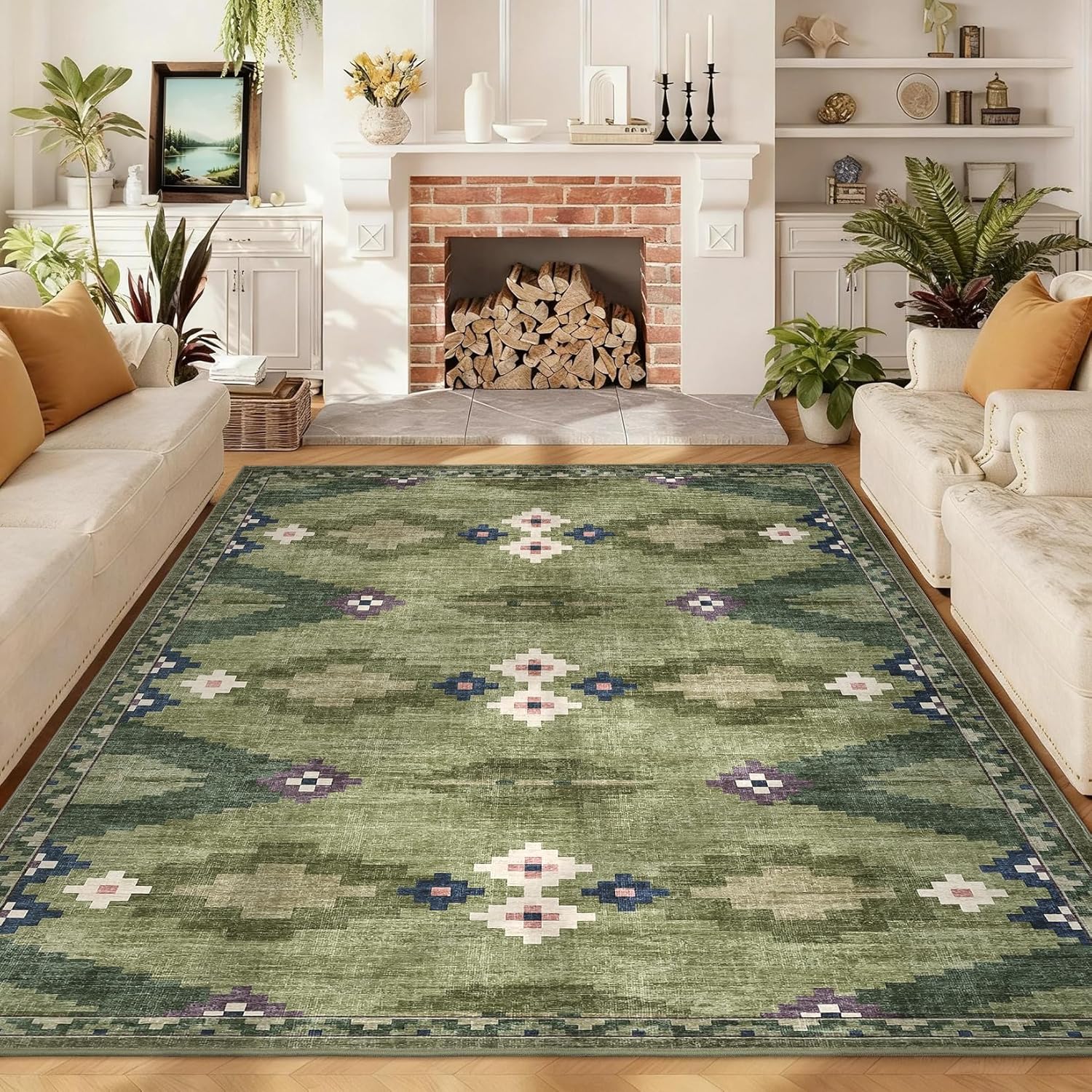 Mid Century Green Rug 5x7 Washable Large Living Room Area Rugs Non Slip Stain Resistant Boho Tribe Bedroom Throw Carpet Soft Geometric Modern Rugs for Dining Room Dorm Nursery Home Office, Green