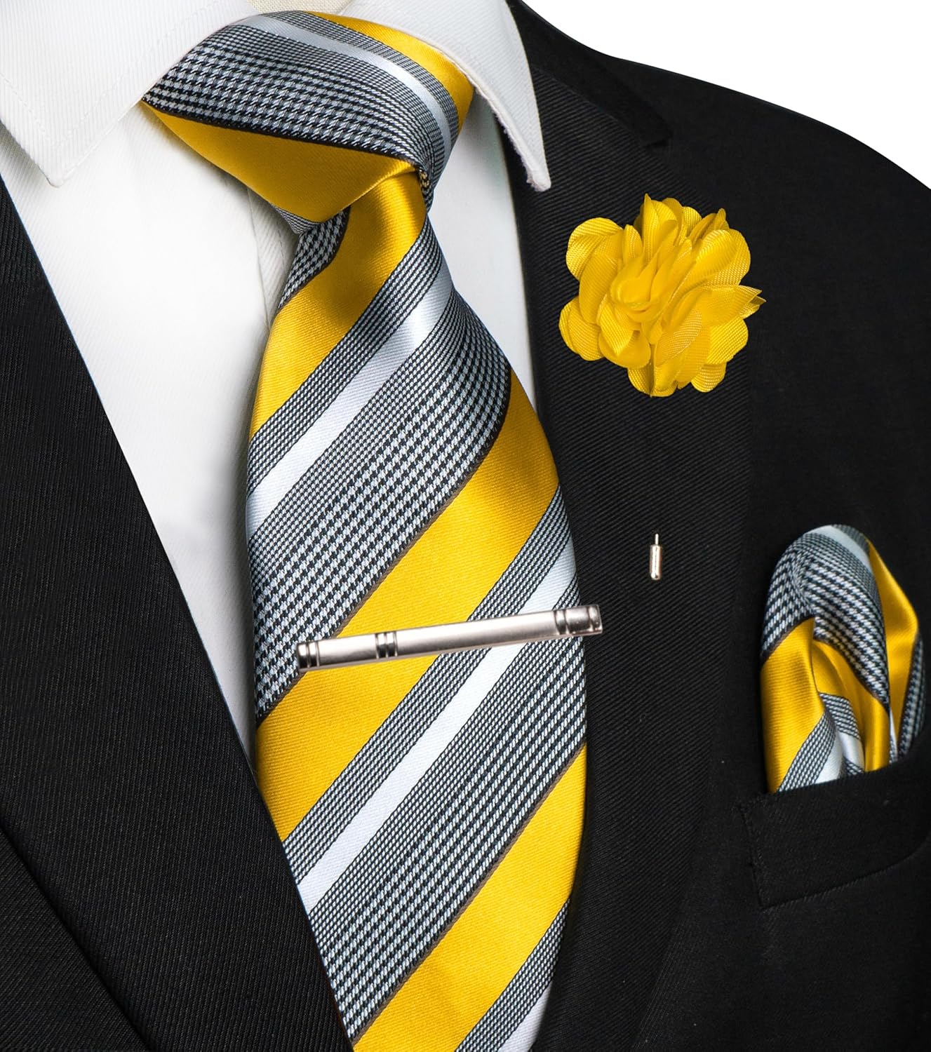 JEMYGINS Mens Striped Tie and Lapel Pin Necktie Pocket Square and Tie Clip Sets for Business Casual 4PCS - Image 2