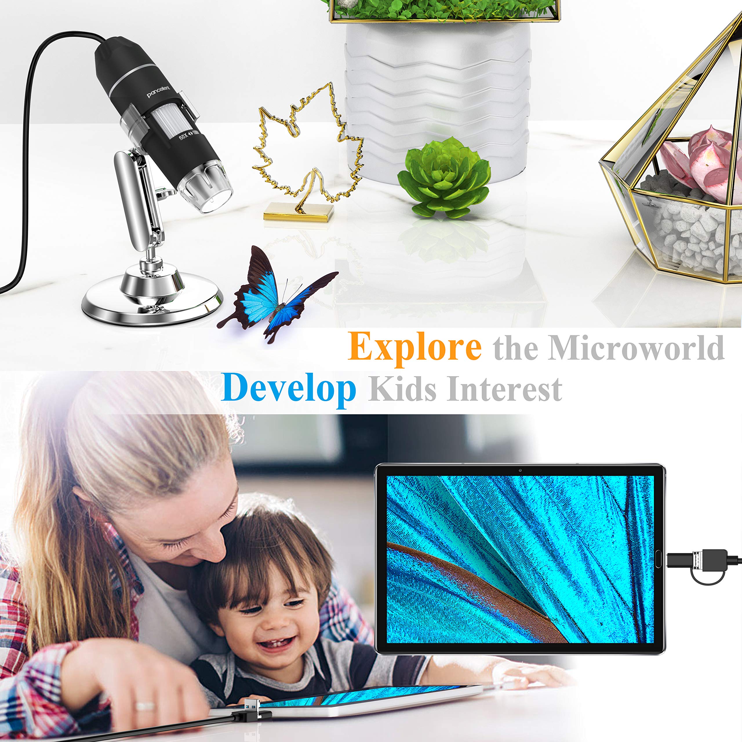 Pancellent Microscopio Digital, microscopía de Aumento USB 1080P 50X a 1000X con 8 LED, colección de Diapositivas de 12 Paquetes (Nivel de Inicio, Negro)