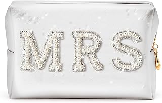 Y1tvei Bride MRS Patch Varsity Letter Cosmetic Toiletry Big Bag Pearl Rhinestone Letter Patches Large White Makeup PU Bag Waterproof Portable Zipper Purse Travel Organizer for Wedding Bride Bridesmaid