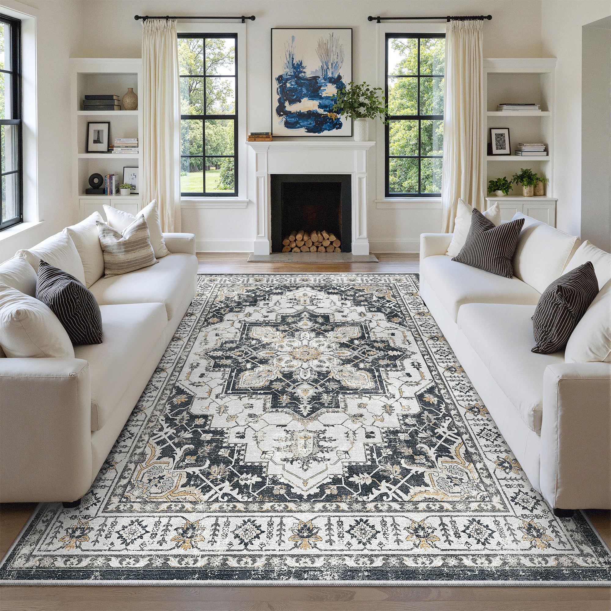 8x10 Area Rugs for Living Room,Large Washable Rug,Black | Rugs for Bedroom,Dining Room,Office,Low Pile,Soft, Vintage Rug,Stain Resistant Indoor Carpet,Non Slip,Home Decor Black 8' x 10' (Rectangular)