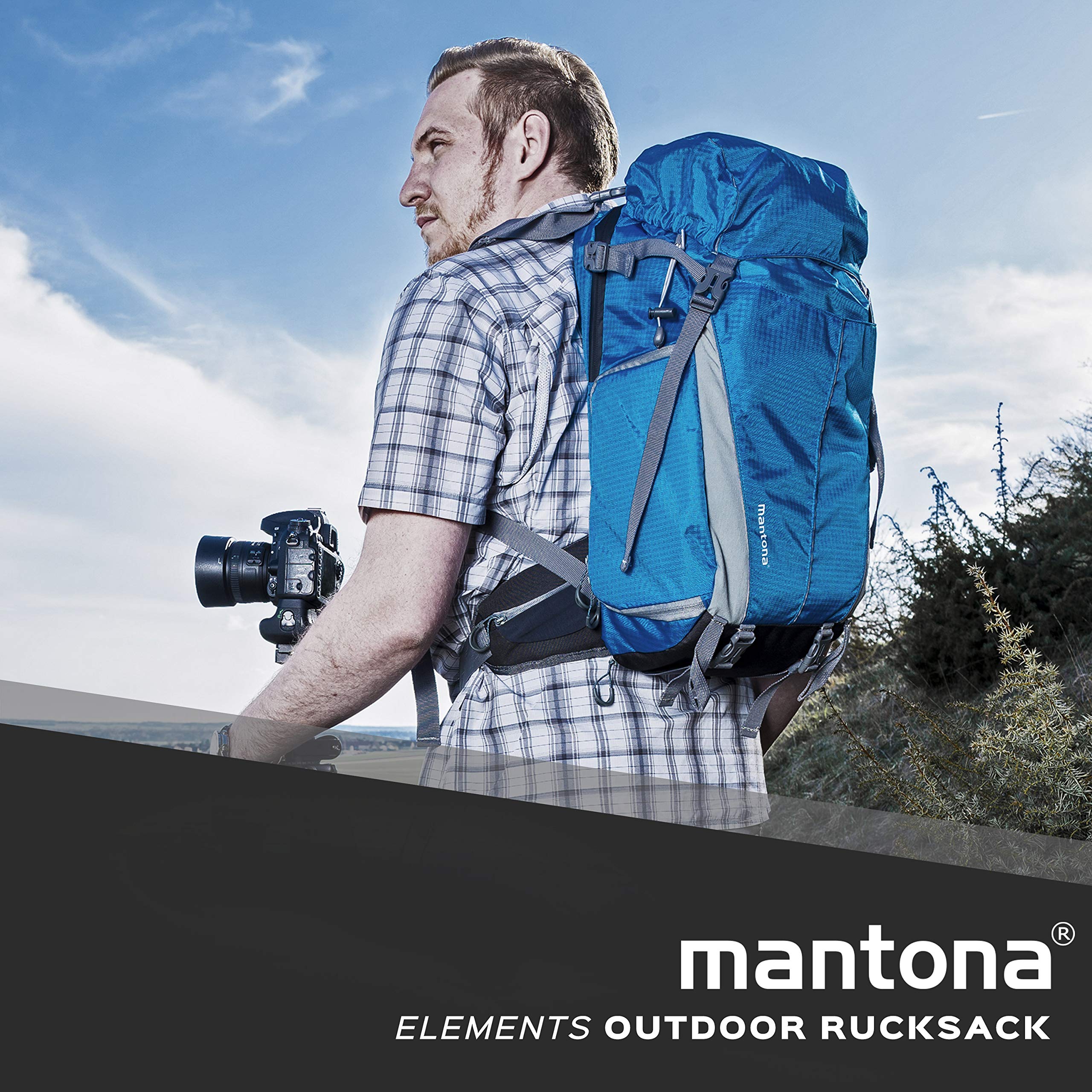 Mantona Elements Outdoor Zaino blu 2in1 per fotocamera e trekking, borsa fotografica con scomparti imbottiti per DSLR, drone, con supporto treppiede e copertura antipioggia