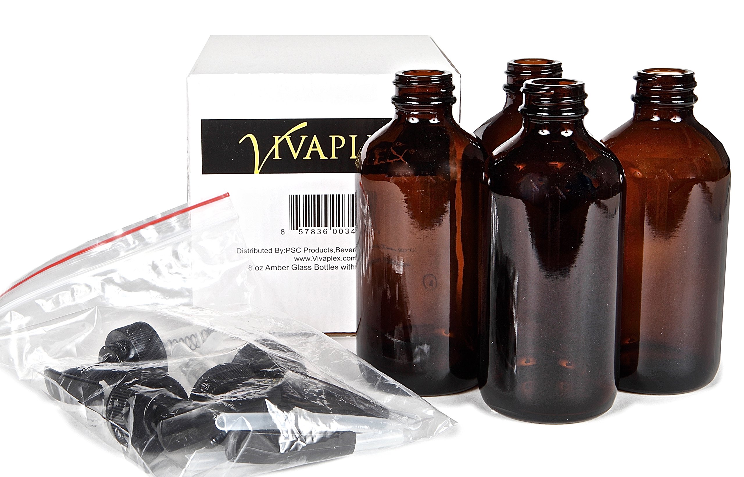 Vivaplex, 4 bottiglie di vetro ambrato vuote con pompe per lozione nera