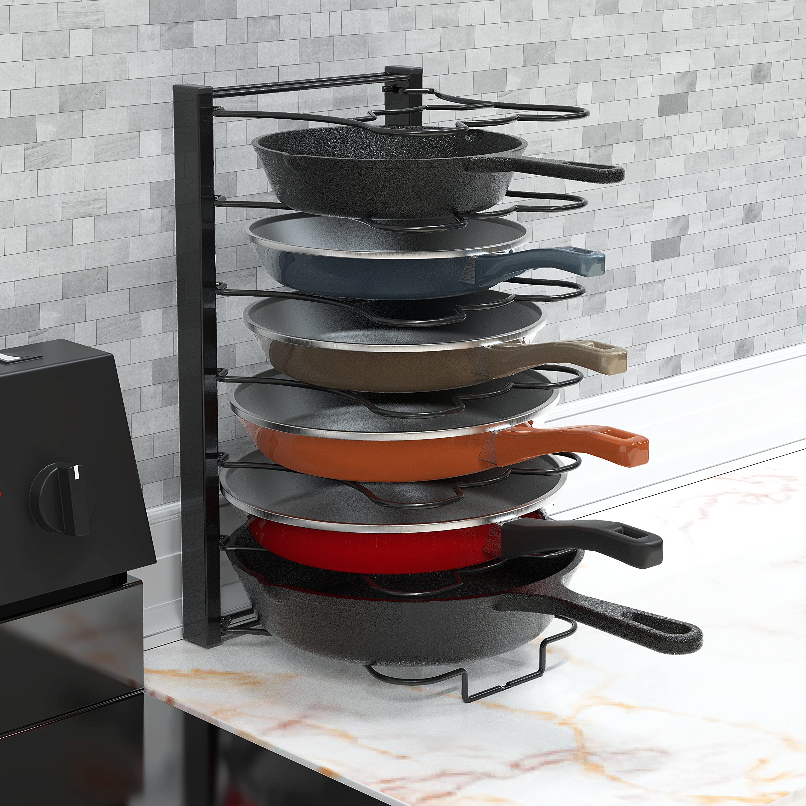 SimpleHouseware Pfannen-Organizer, 7 Fächer, höhenverstellbar, Schwarz