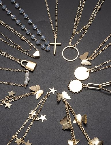 Miniatura 6 de Juego de 12 piezas con cadena de oro, collar de cuentas de moneda, luna, estrella, dije de perla, gargantilla de cadena multicapa, de piel, tono