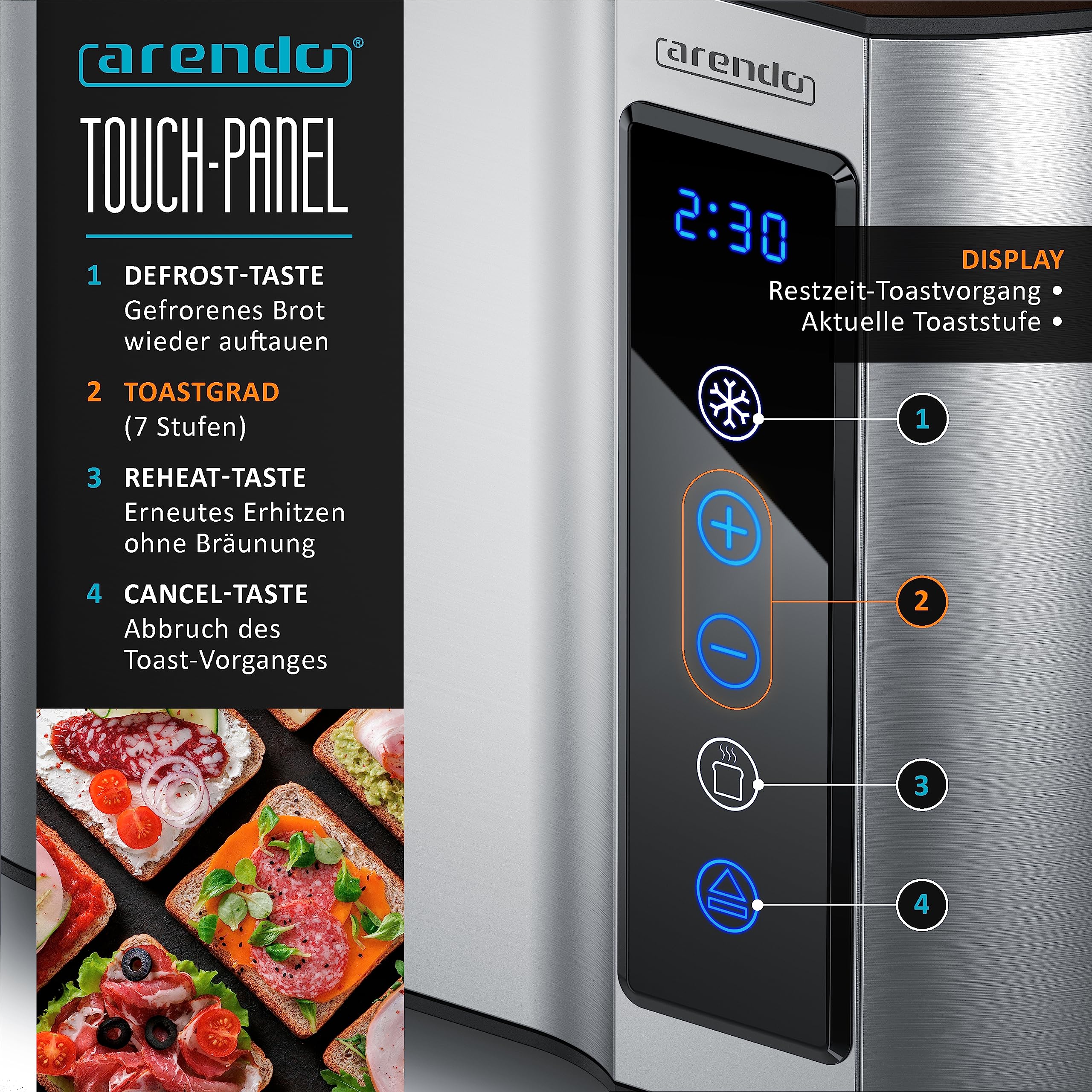 Arendo – Tostadora táctil de 2 rebanadas de acero inoxidable, pantalla táctil digital del tiempo restante – 800 W – Caja de doble pared – con rejilla recalentadora de bollería – 7 niveles de bruñido