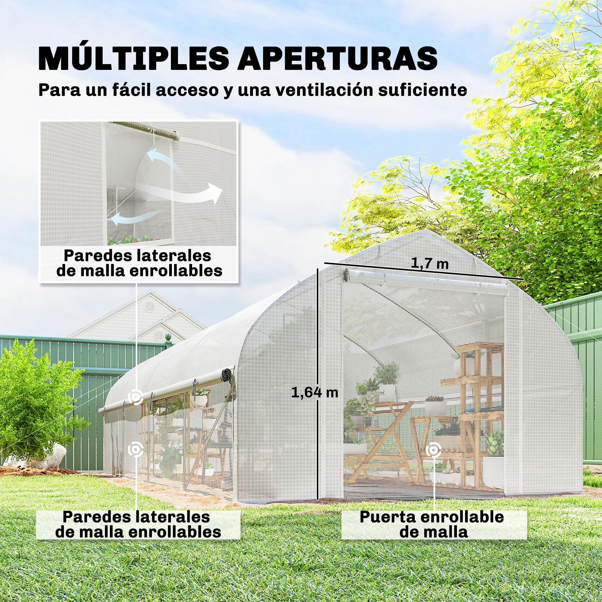 Outsunny Invernadero de Exterior Invernadero de Túnel 6x3x2 m Blanco | 8 Ventanas, Cubierta de PE Anti-UV, Puerta Enrollable con Cremallera, Paredes Laterales con Malla, para Cultivos, Plantas