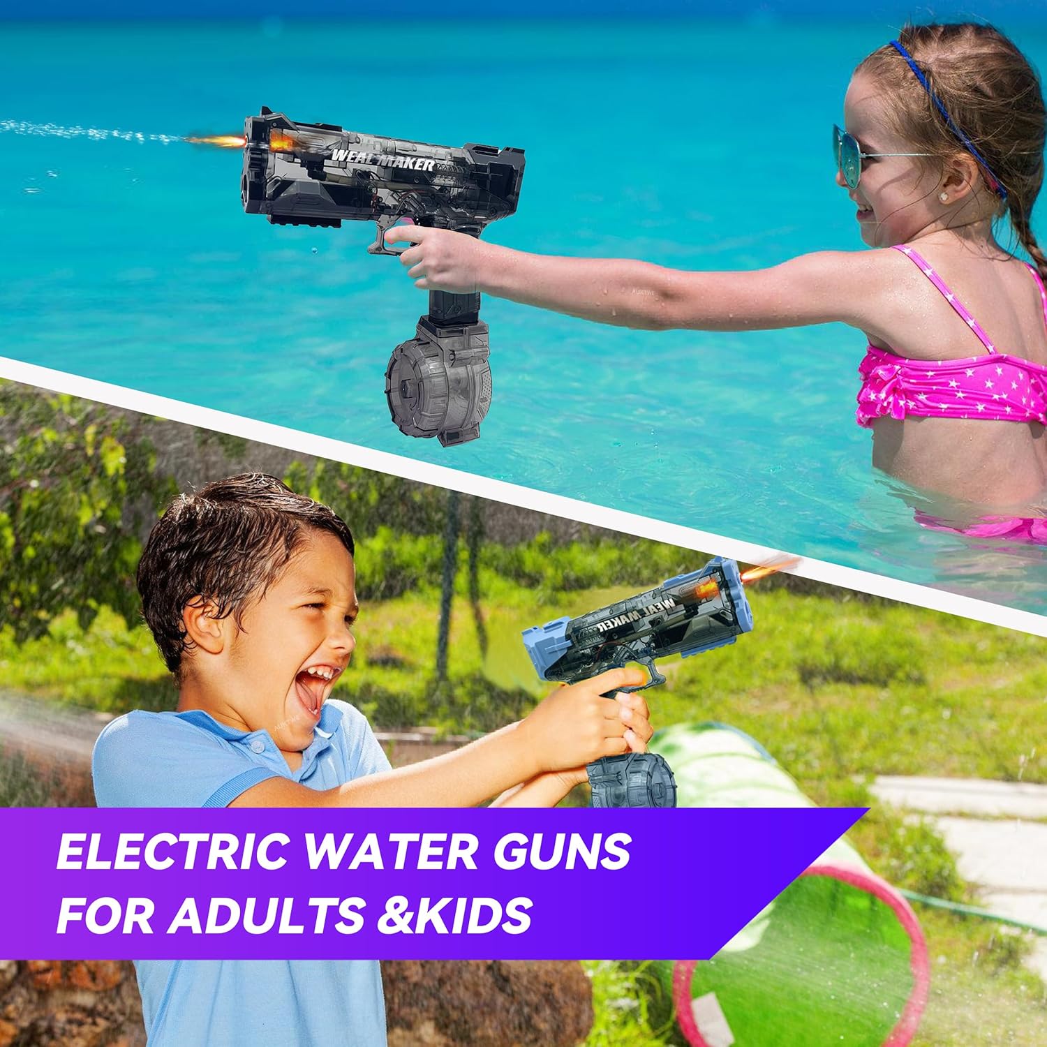 Electric Water Guns for Kids Adults, 2 Pack Automatic Squirt Gun with LED Light-Up Muzzle, 500CC Tank, 28FT Long Range Water Blaster, Waterproof Summer Pool Party Toy