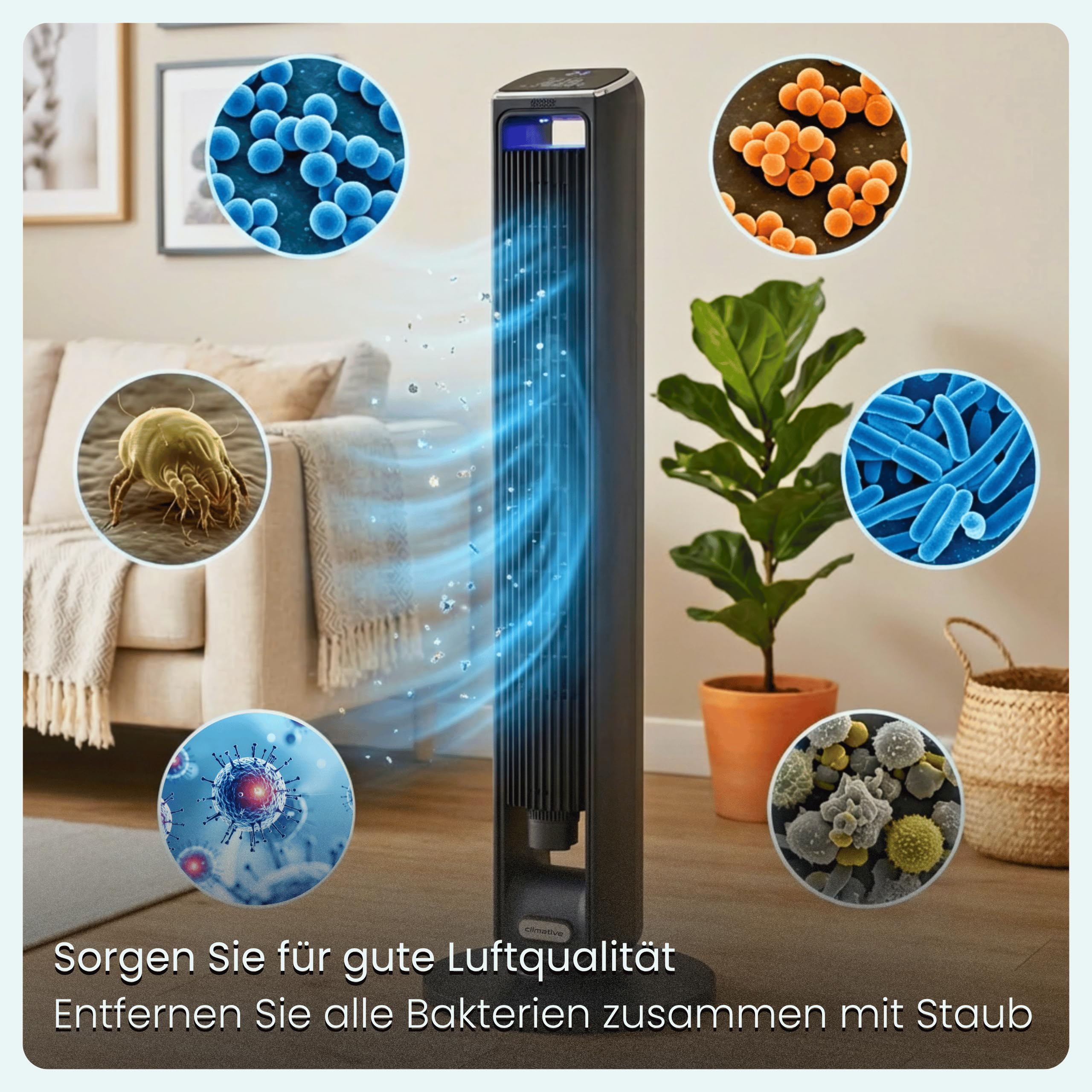 Turmventilator ION 107cm WiFi Tuya, Ionisator & großes Duftfach, Starker 6m/s Wind, 90° Oszillation, 15h Timer, LED Display, Design Standventilator, Tower Fan, Ventilator