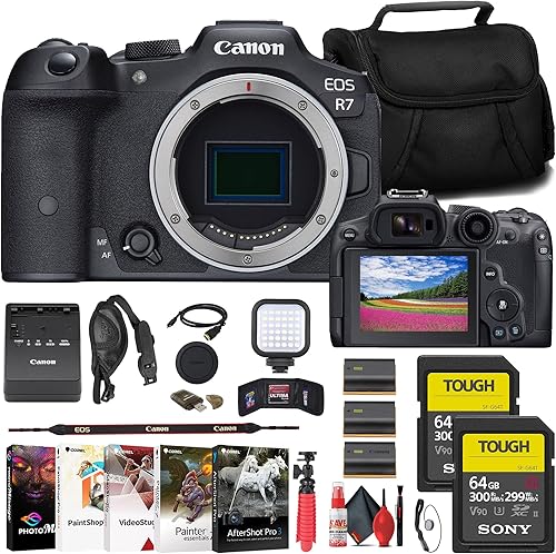 Canon Cámara sin espejo EOS R7 (5137C002) + 2 tarjetas SD resistentes Sony de 64 GB + bolsa + cargador + 2 baterías LPE6 + lector de tarjetas + luz