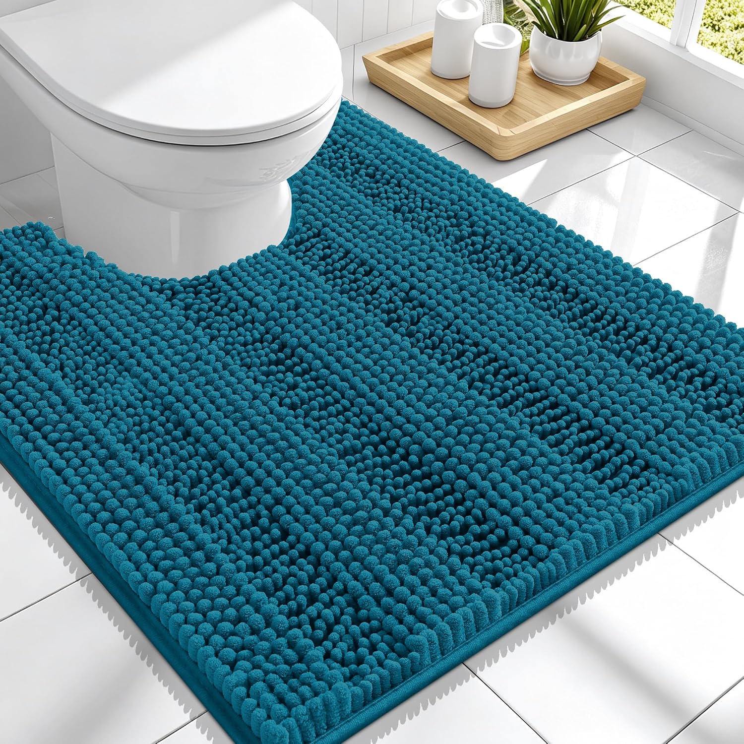Smiry Striped Thick Bathroom Rug and Contour Toilet Rug, Size 47"x20" + U-Shaped 24"x20" in Peacock Blue, 2 Item Bundle image 2