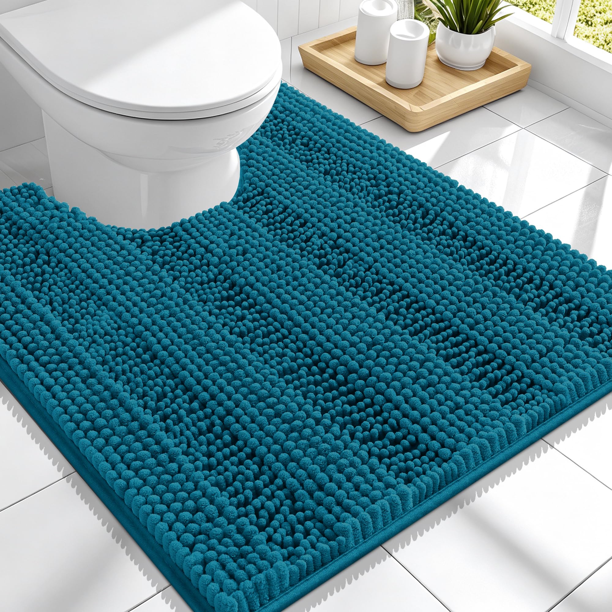 Smiry Thick Chenille Toilet Rugs U-Shaped 24x20, Bath Mat, Peacock Blue