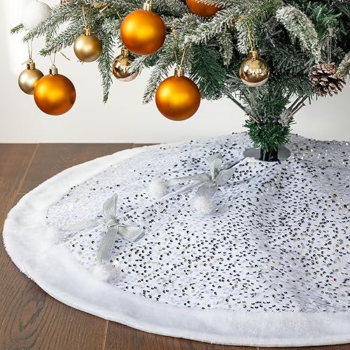 Falda para árbol de Navidad, cubierta de árbol de 36 pulgadas, lentejuelas brillantes plateadas, brillantina, falda clásica para árbol de Navidad,