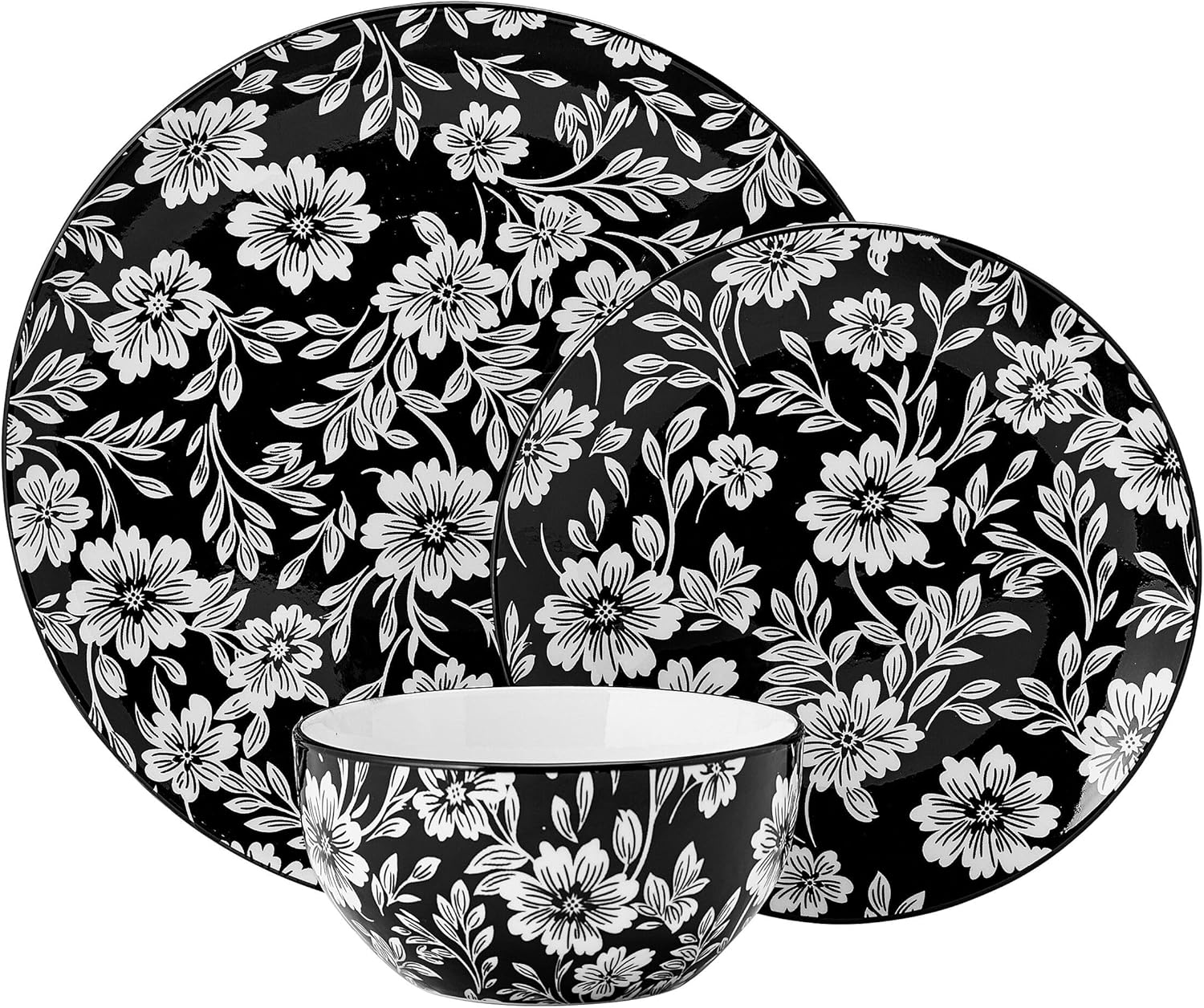Pfaltzgraff Midnight Blooms 12 Piece Floral Stoneware Dinnerware Plate Bowl Dish Set, Service for 4, Black - Image 2