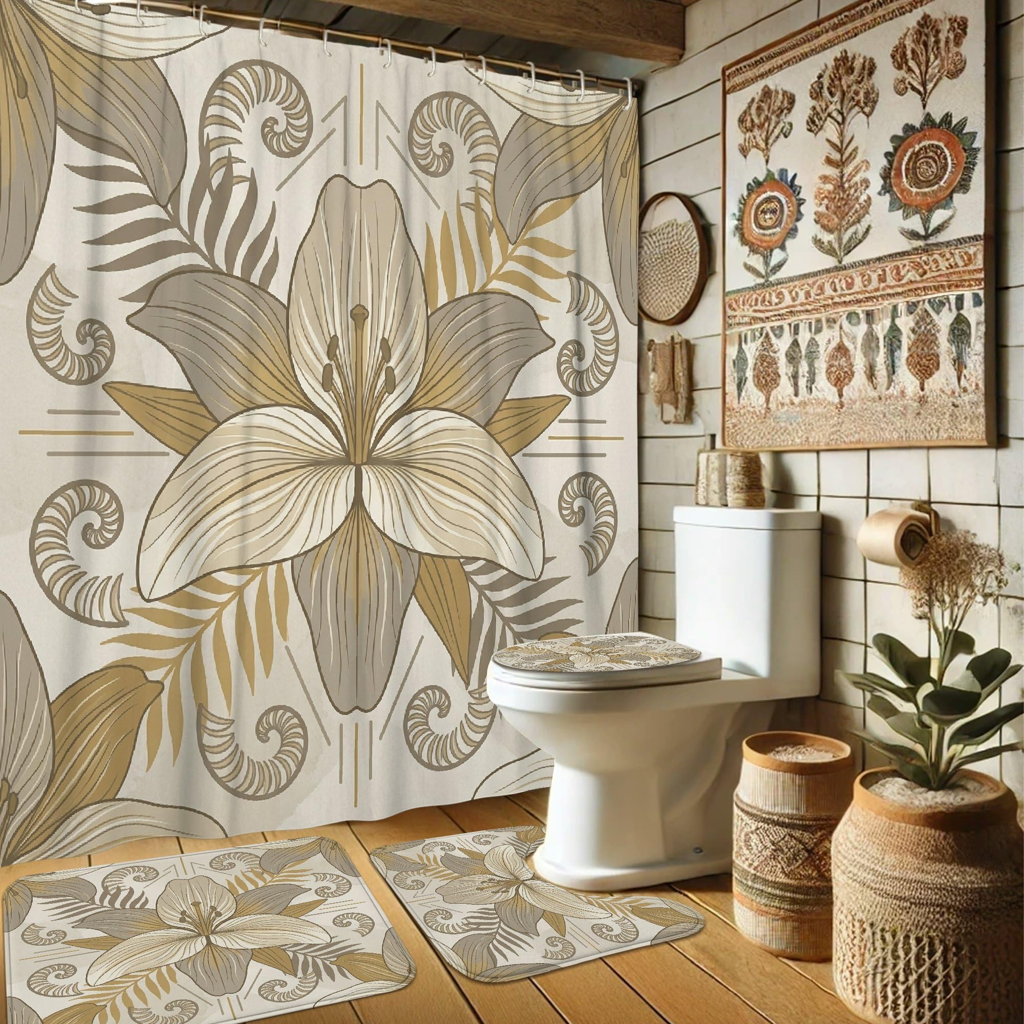 Rideau de douche imperméable beige à motif lys tropicaux 183x183 cm pour baignoire d'appartement