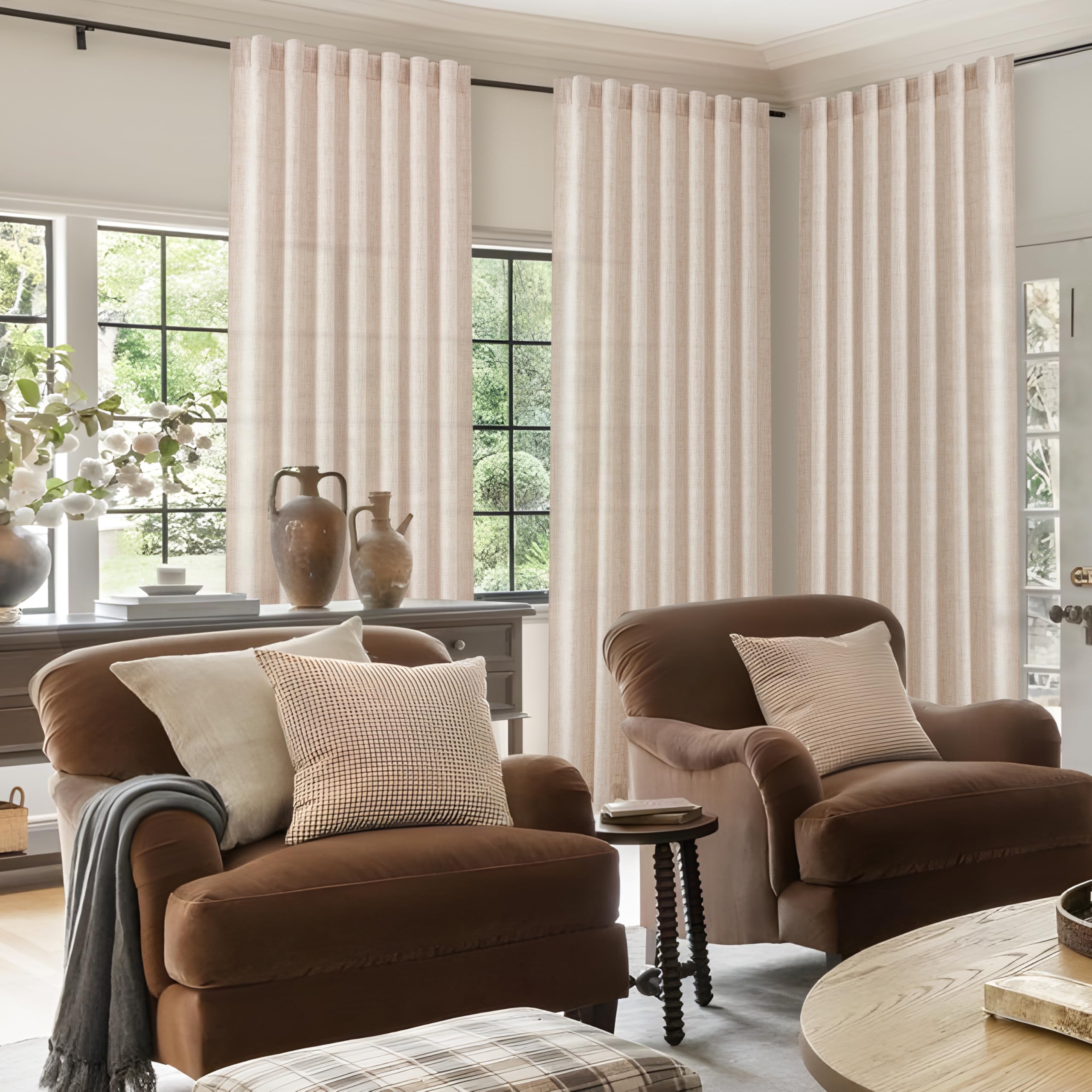Lot de 2 Panneaux de Rideaux en Toile de Jute épaisse de 228,6 cm de Long pour Salon, Voilage plissé en Lin Naturel de Style bohème Rustique et Beige pour Chambre à Coucher, Rideaux de fenêtre