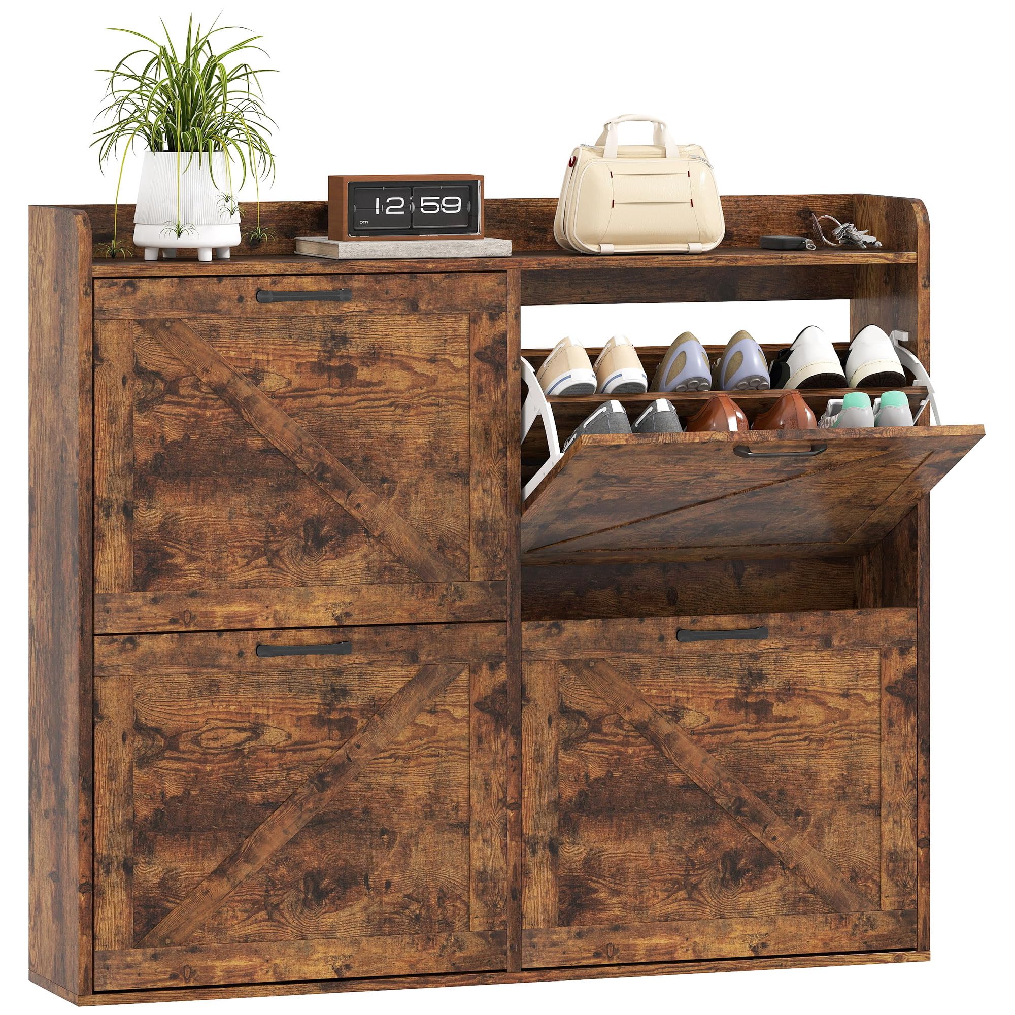 HOMCOM Mueble Zapatero Estrecho 4 Puertas 120x24x103 cm Marrón Rústico | Zapatero, Estantes Ajustables, Estilo Industrial, para 24 Pares de Zapatos, hasta Talla 46, para Recibidor Entrada