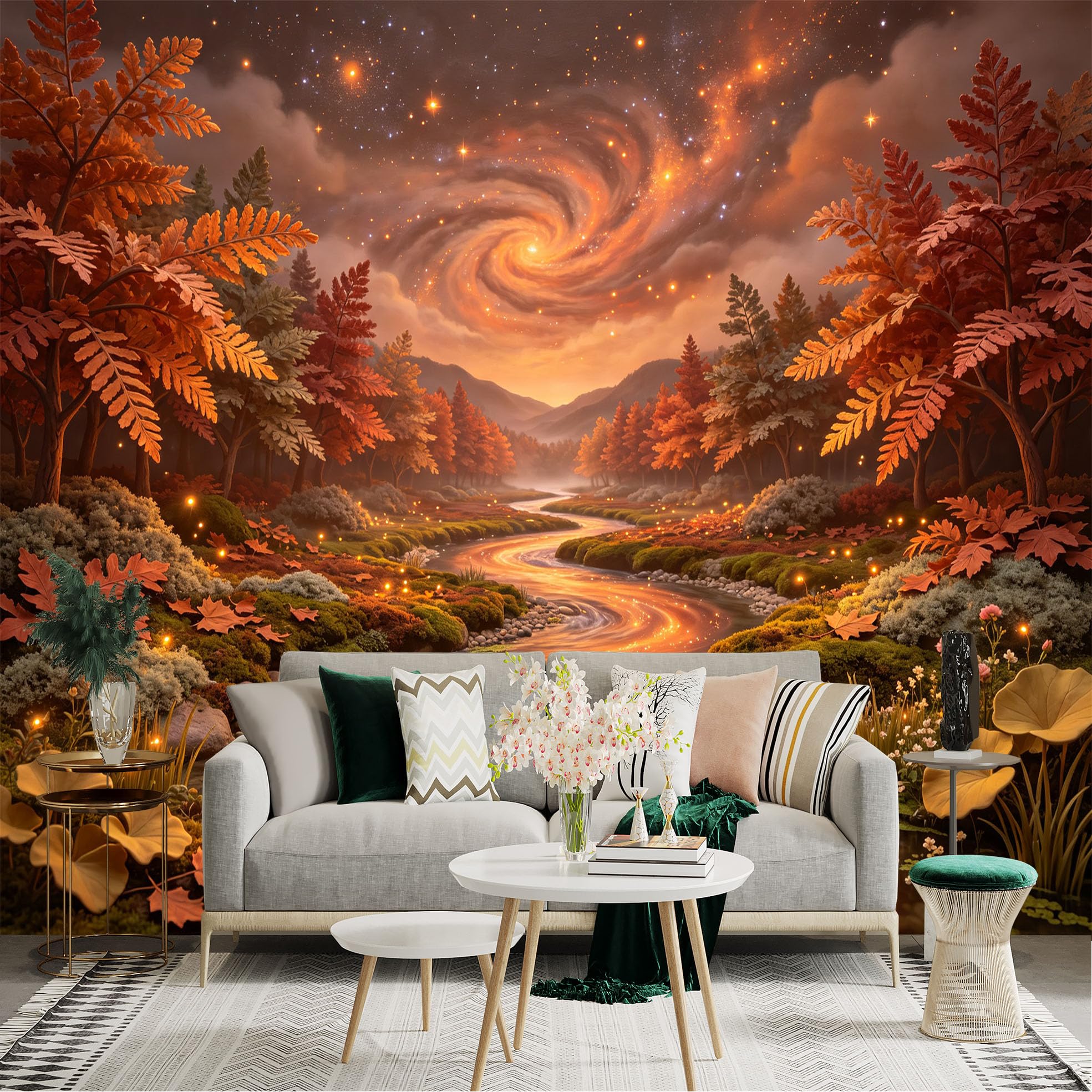 Lnzczhyre Bh260719345 Custom Size Wall Sticker Mural， Autumnal Forest Stream， Glowing Nebula Sky， Magical Fall Landscape， For Wall Decoration， Peelandstick Wall Decals.