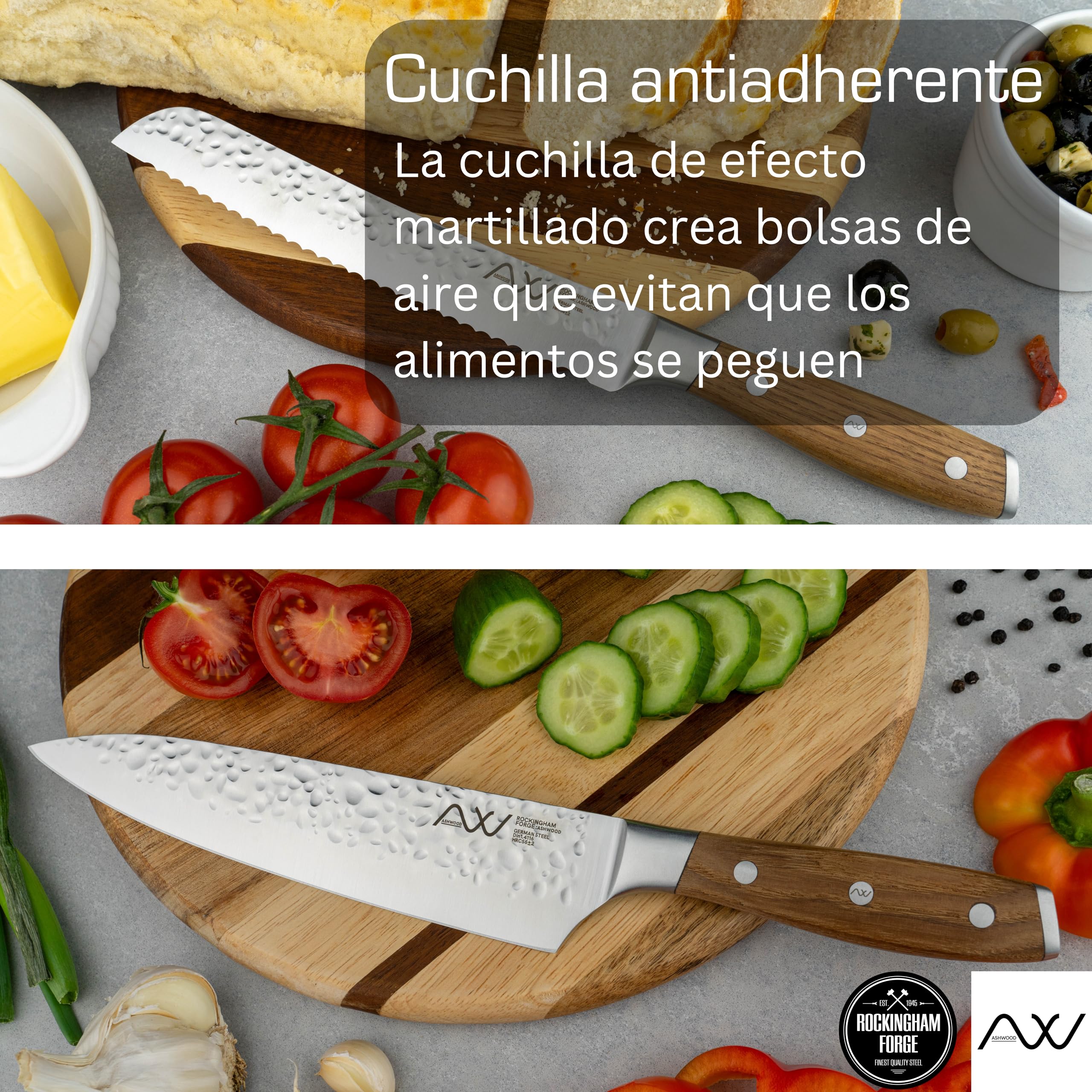 Rockingham Forge Ashwood Juego de 8 Cuchillos de Cocina de Madera con Afilador y Tijeras - Hojas Profesionales de Acero Inoxidable Alemán Ultraafiladas y Mango Duradera con Espiga Completa