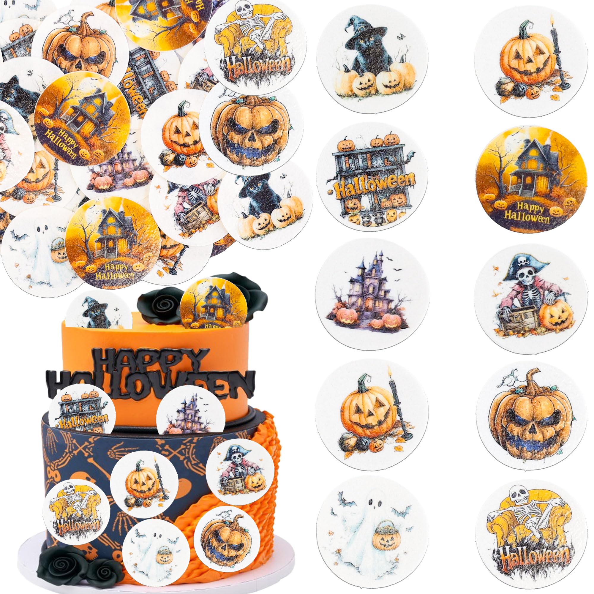 Ephlyn 54Pcs Edible Happy Halloween Cupcake Toppers Wafer Paper Pumpkins Ghost Black Cats Cupcake Picks Skull Cupcake Toppers for Halloween Eve Theme Party Birthday Decor Supplies Orange