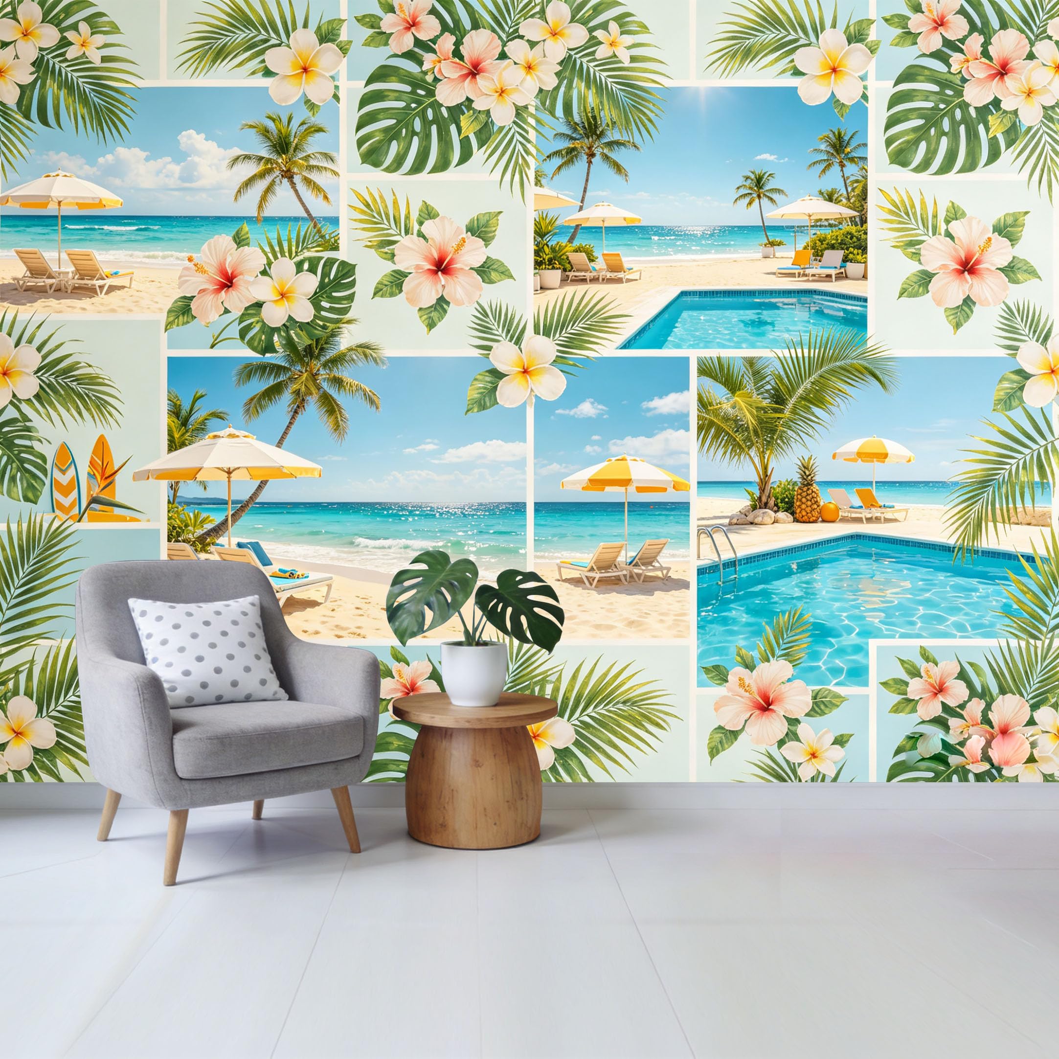 Qzlithotic Yq2605250235 Custom Size Wall Mural Tropical Beach Paradise Palm Trees Hibiscus Flowers Coastal Landscape Selfadhesive Wall Fabric Removable Wallpaper For Home Office Decor