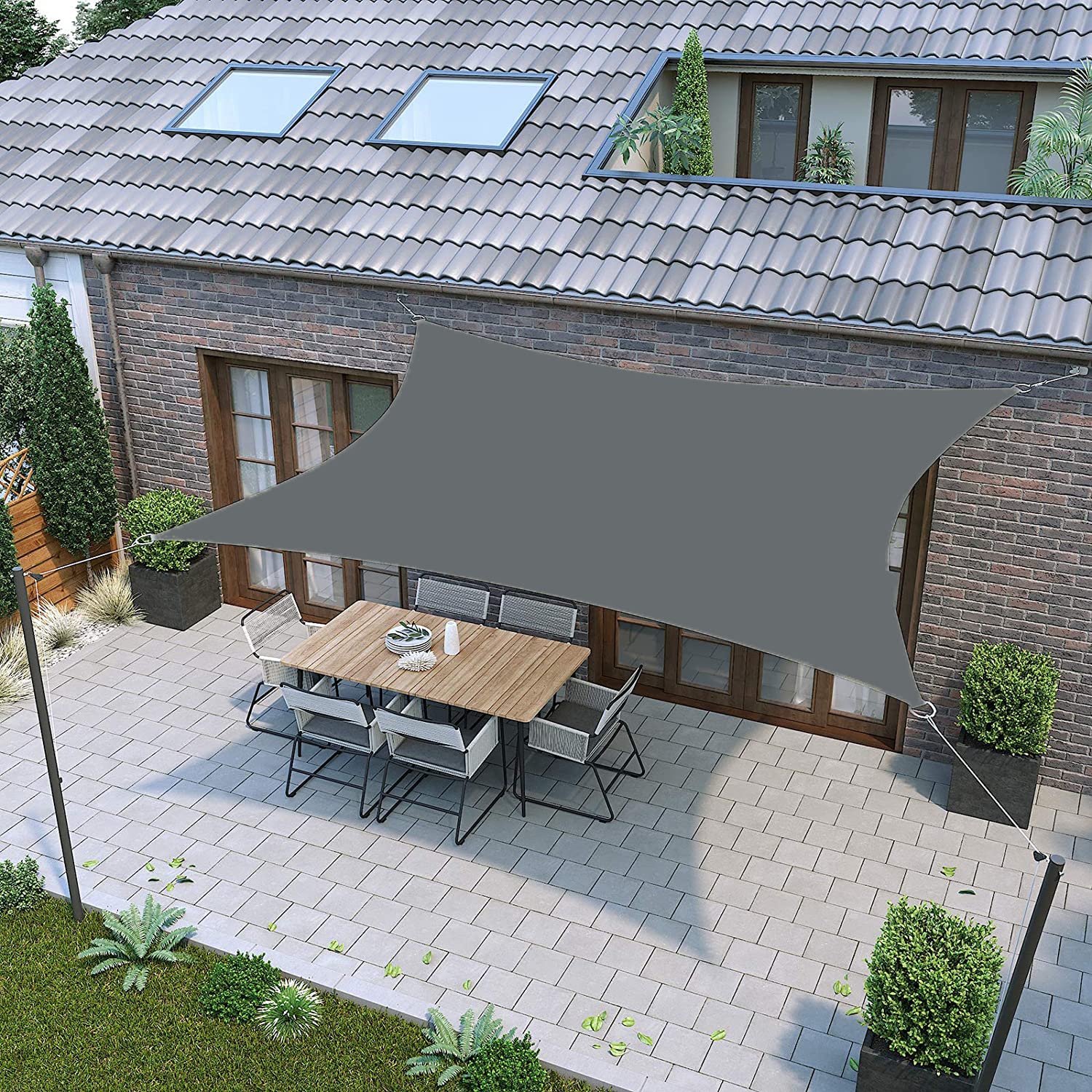 żagiel przeciwsłoneczny 6 x 6 m, wodoodporna markiza, blokada 90% promieni UV, z bezpłatną liną, na zewnątrz, patio, do ogrodu - szara
