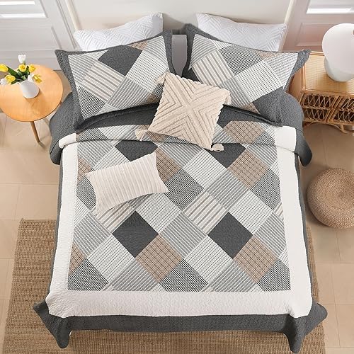 Colchas tamaño Queen Juego de edredón 100% algodón Queen, juego de ropa de cama gris para cama Queen, 3 piezas de edredón reversible rústico ligero