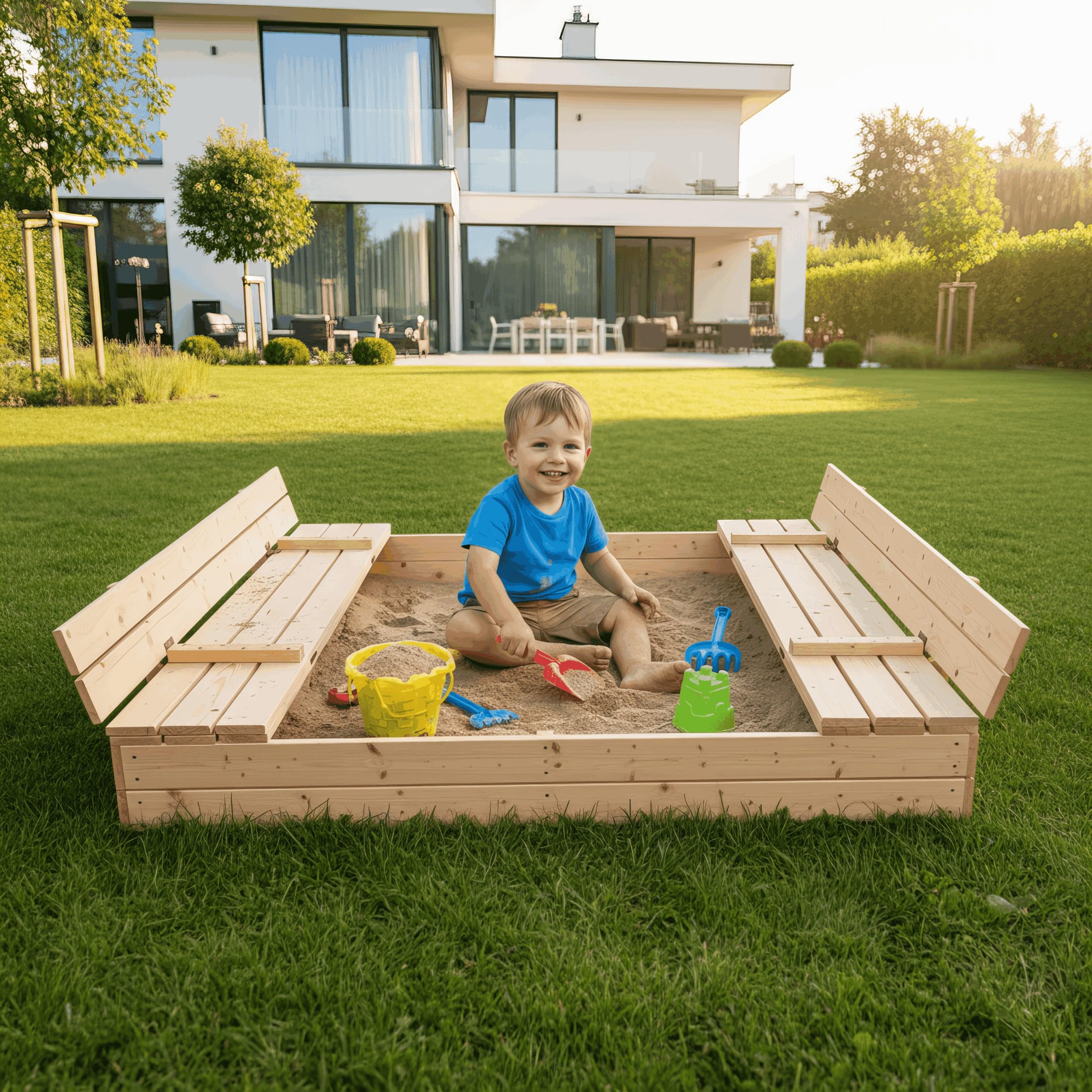 Holzsandkasten 160x160cm, Funktionale Konstruktion mit klappbarem Deckel und Sitzbänken, FSC-Zertifiziert, aus Nadelholz, inkl. Geotextil-Unterlage, für Garten und Außenbereich