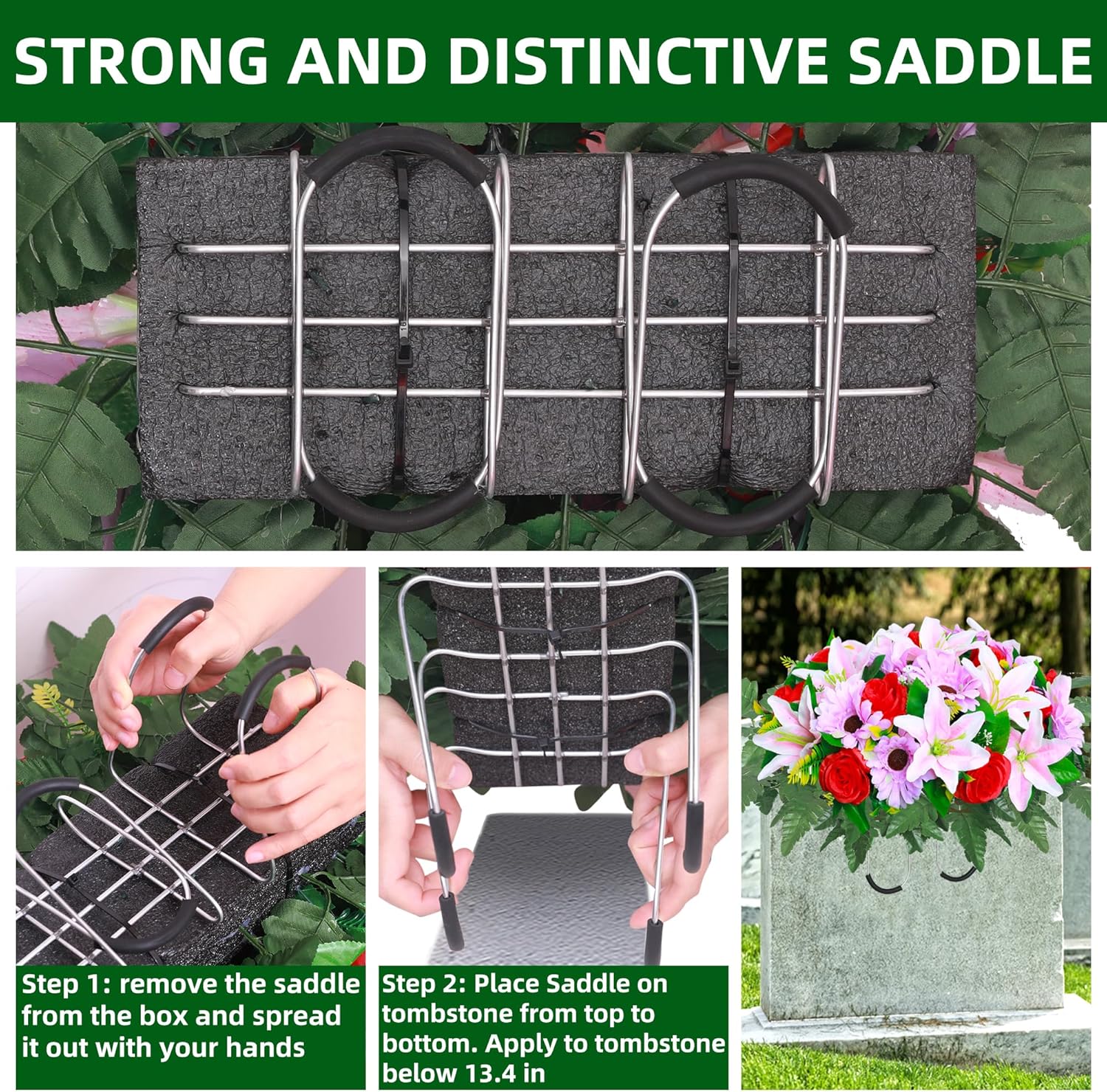 Lodou Cemetery Flower Saddles for Grave,Artificial Silk Flower Arrangement for Headstones, Artificial Cemetery Flowers, Outdoor Grave Decorations (1, Red & Purple & Pink)