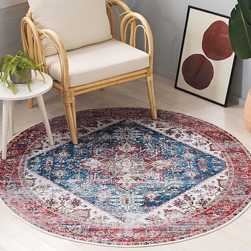 SAFAVIEH Alfombra lavable Tucson Collection – Redonda de 4 pies, azul y rojo, antideslizante, ideal para zonas de alto tráfico en sala de estar,