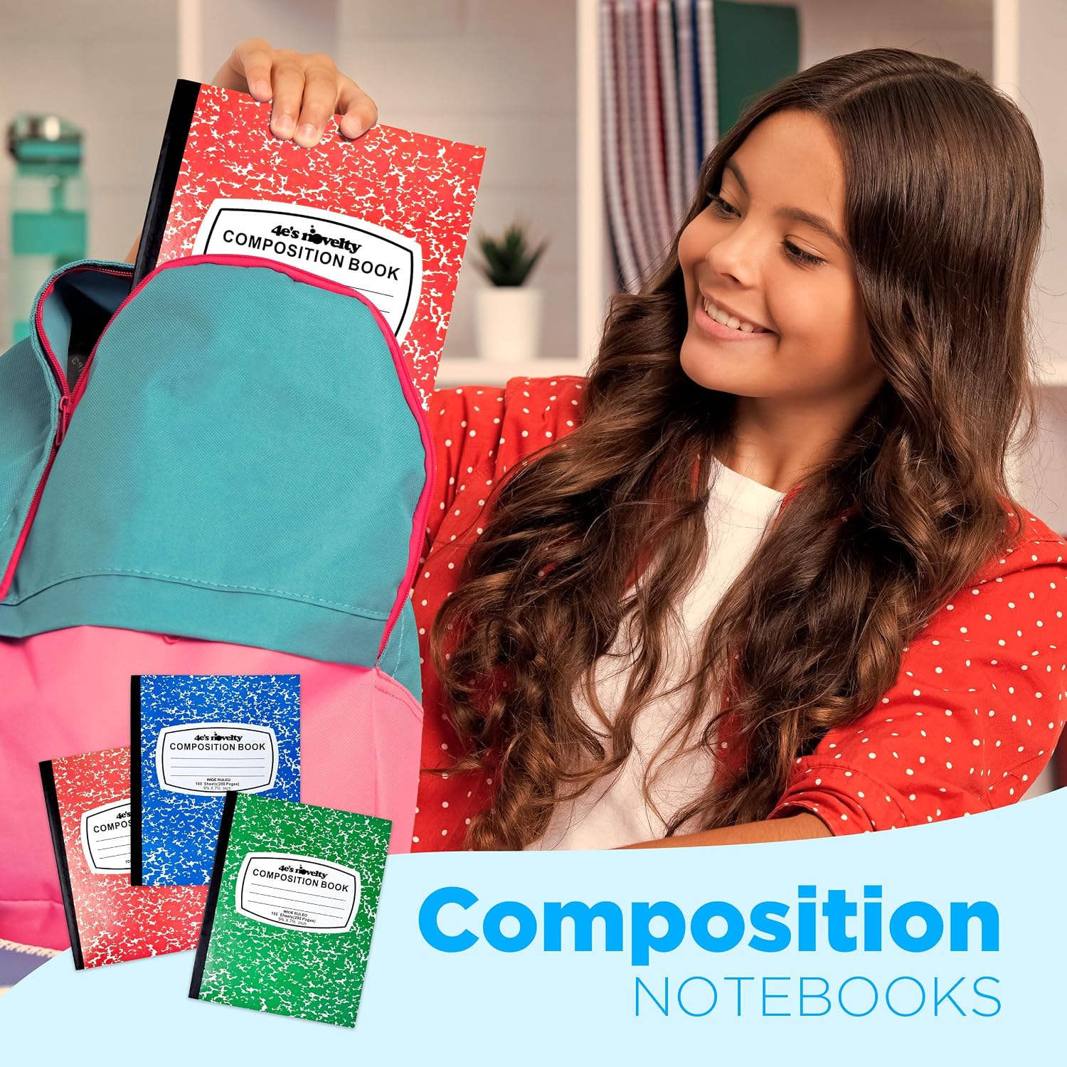 4E's Novelty Wide Ruled Composition Notebooks - Pack of 3-100 Sheets 9.75" x 7.5" - Hard Cover Red Blue Green Cute Marble Colors, Bulk Compositon Book Wide Ruling, Back to School Supplies image 2