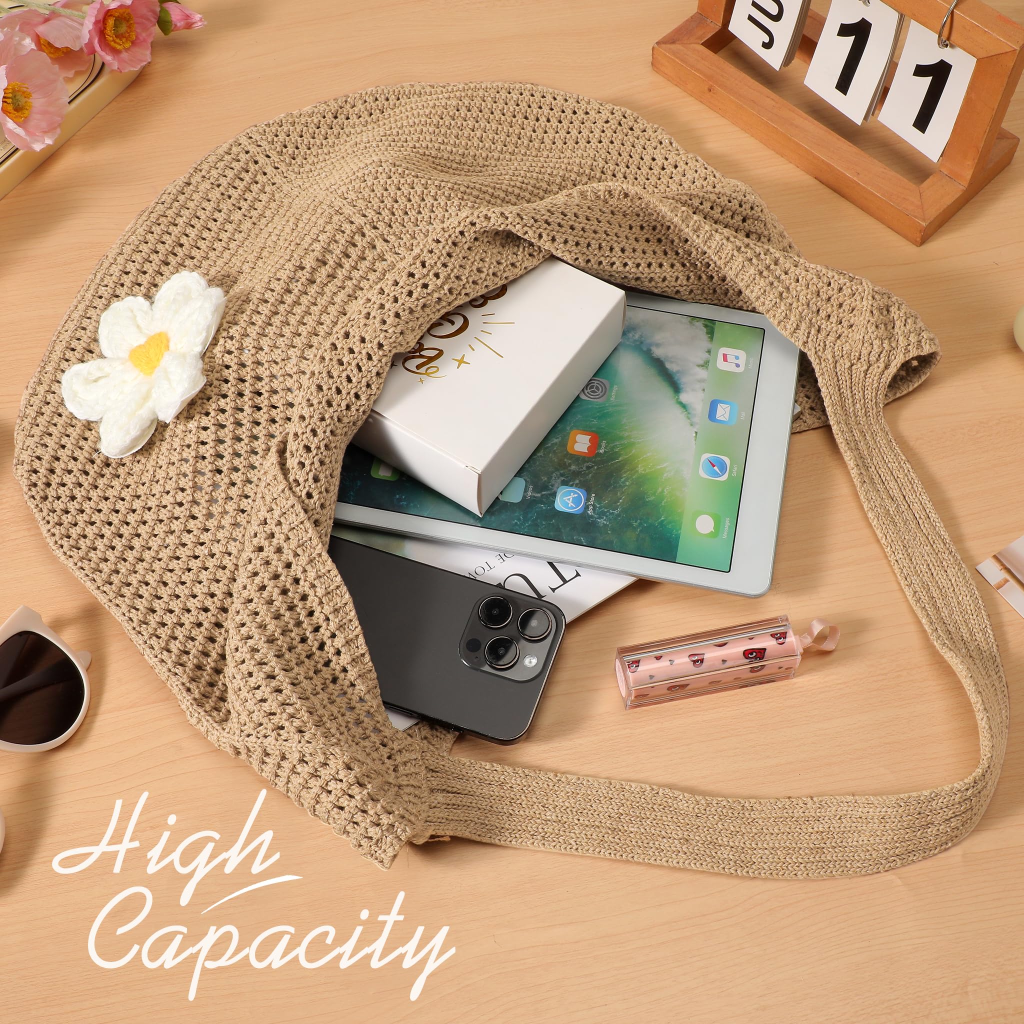 Premillow Crochet Beach Bags for Women, Summer Beach Tote Bag, Mesh Cute Beach Purse, Aesthetic Knit Bag Handbag Shoulder Bag — view 3