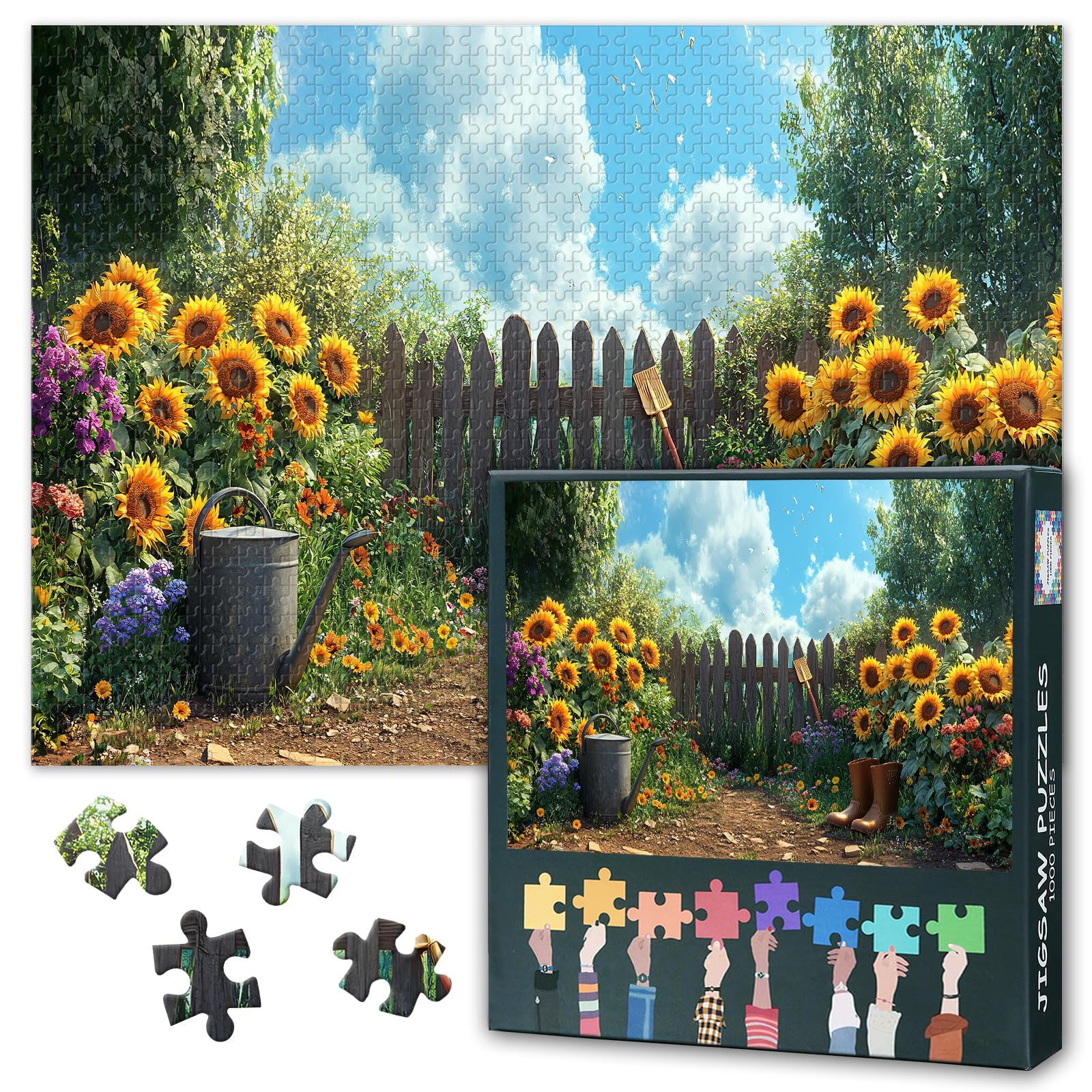 Jigsaw Puzzles 1000 Pieces for Adults Garden Path Lined Jigsaw Puzzles, Sunflowers Wildflowers Wooden Fence Puzzle