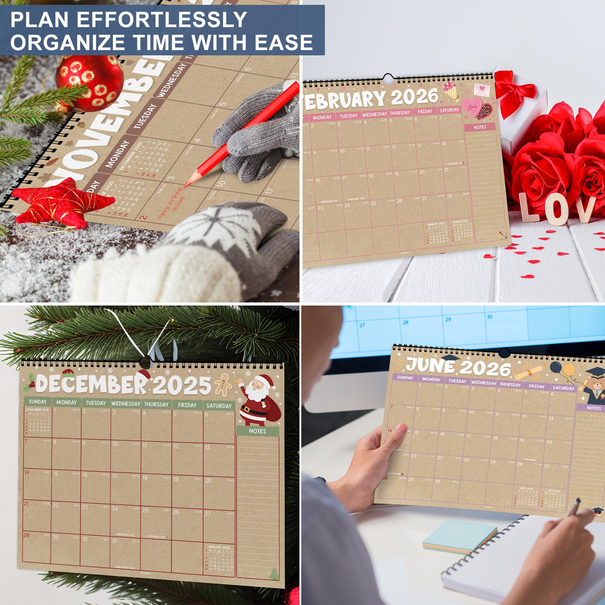 Minimalest Flip Background Kraftkalender von Juli 2025 bis Dezember 2026, Wandkalender mit Eckenschutz, Dickes Papier, Abreißseiten & Notizen, ideal für Zuhause, Büro oder Schule