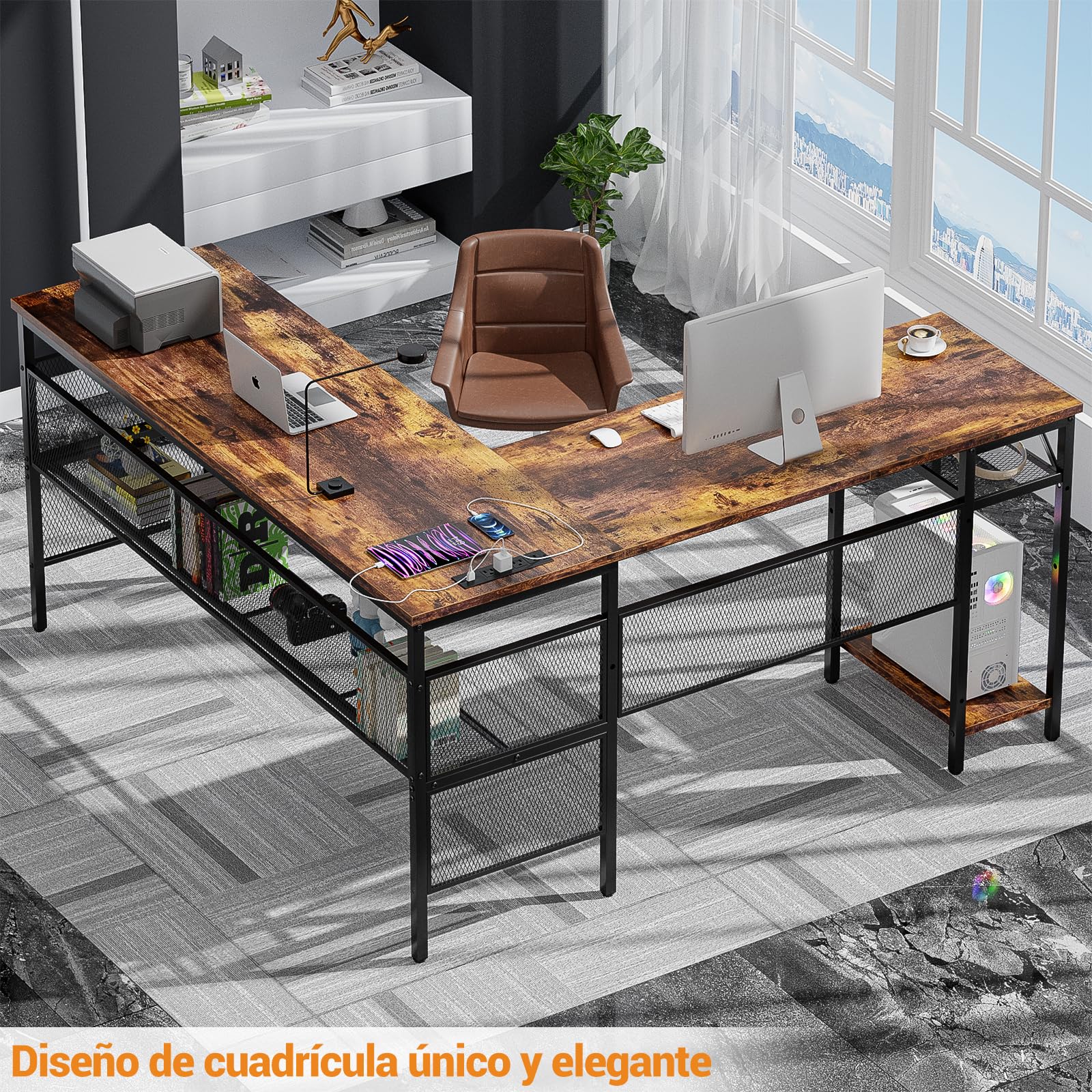 iSunirm Escritorio de Esquina Ordenador,140 x 116 x 76cm Escritorio en L con Enchufes y Puerto de Carga USB,Mesa en L con Estante para Monitor para Oficina en Casa,Marrón