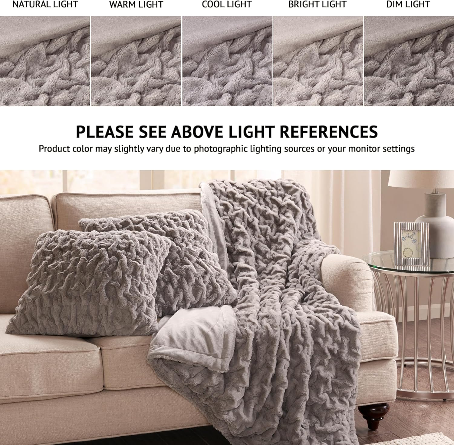 Comfort Spaces Ruched Faux Fur Plush Throw Blanket and Pillow Set with 2 Matching Square Pillow Covers Sofa Throw Blanket for Living Room, Chair, Couch, Home Office Luxurious Fuzzy Soft Grey 50"x 60"
