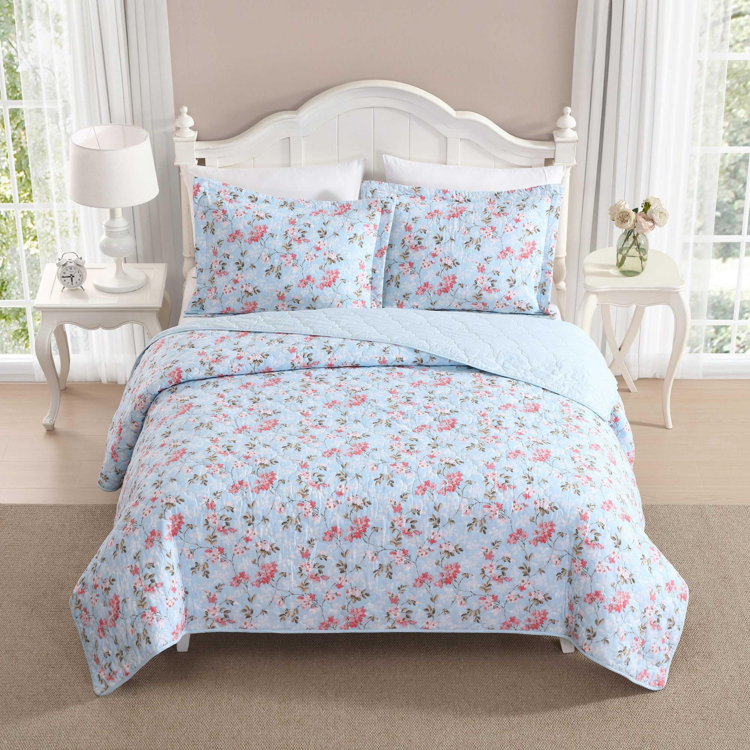 Laura Ashley Zestaw kołdry, super miękka bawełniana pościel z pasującą poszewką, zapięcie na kopertę, kwiatowy nadruk, błogi niebieski, bliźniak