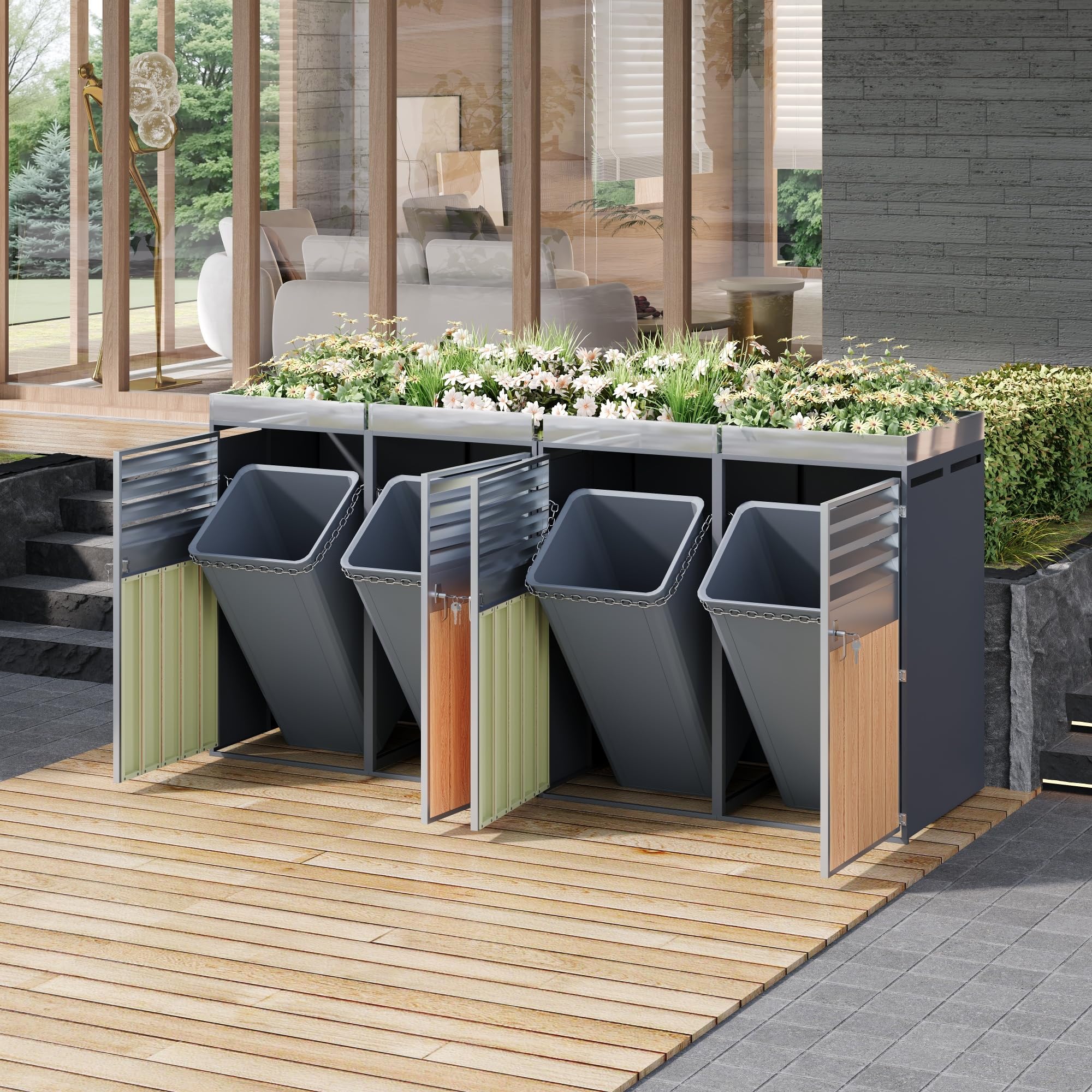 Merax Mülltonnenbox 4er mit Pflanzdach, Abschließbarer Mülltonnenschrank aus verzinktem Stahl, Mülltonnenverkleidung mit Lüftungsöffnung & Lamellen,Viertüriges Türen, für Garten & Terrasse