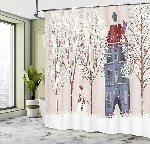 Miniatura 20 de Ambesonne Cortina de ducha de Navidad, estilo retro, palabras de deseos de Navidad con forma de árbol con adornos, juego de decoración de baño de