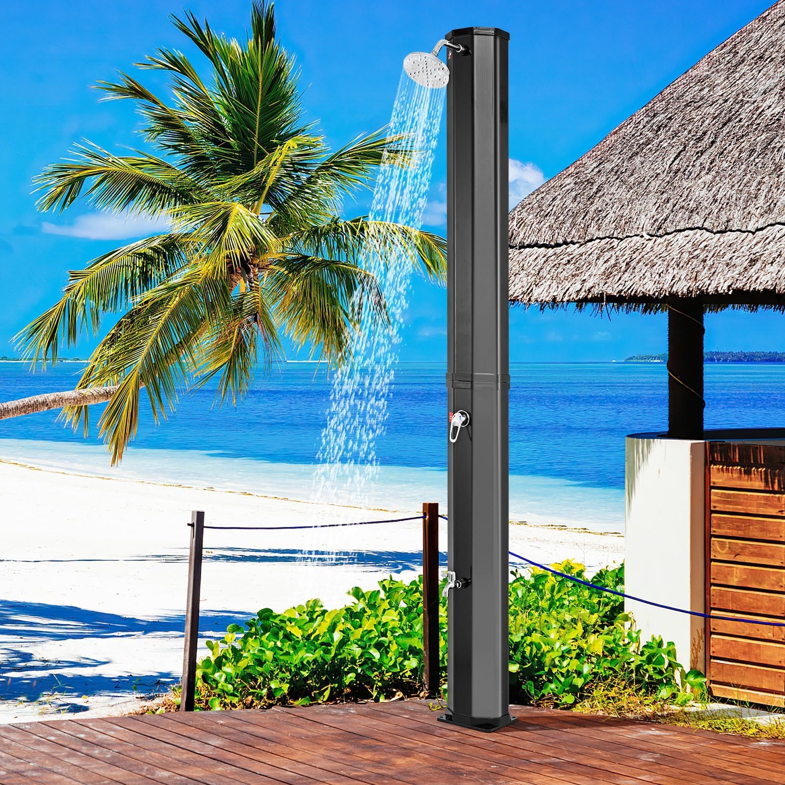 Doccia riscaldata ad energia solare per esterni, con temperatura e pressione regolabili, grande capacità da 35 l, per giardino e piscina, con testa girevole a 360° e spruzzatore a pedale per cortile