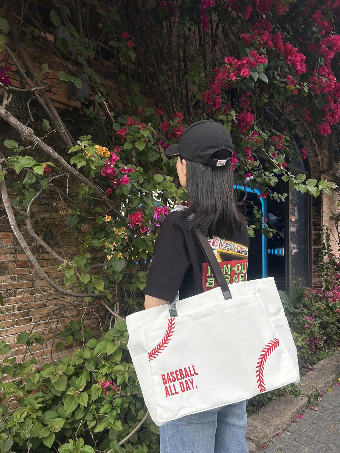 XL Baseball Mom Tote Bags For Women Canvas Utility Purse Handbag with Pockets Embroidery Baseball Prints Shoulder Bag Baseball Stuff Gifts for Baseball Mom (X-Large, White) - Image 2