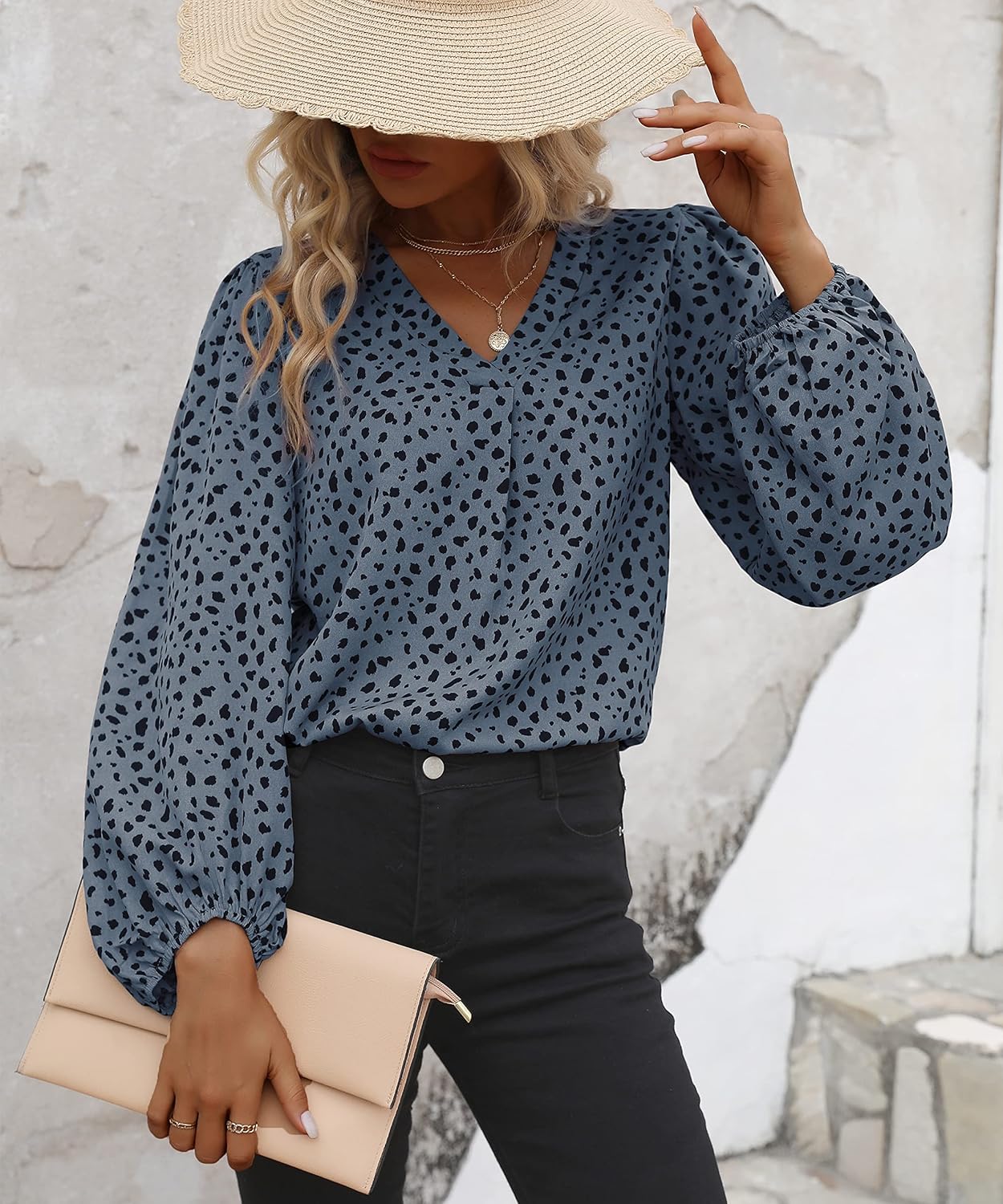 Long Sleeve Blouses for Women, Leopard Print Chiffon Tops V Neck Loose Business Shirts Casual Work Tunic - Image 2