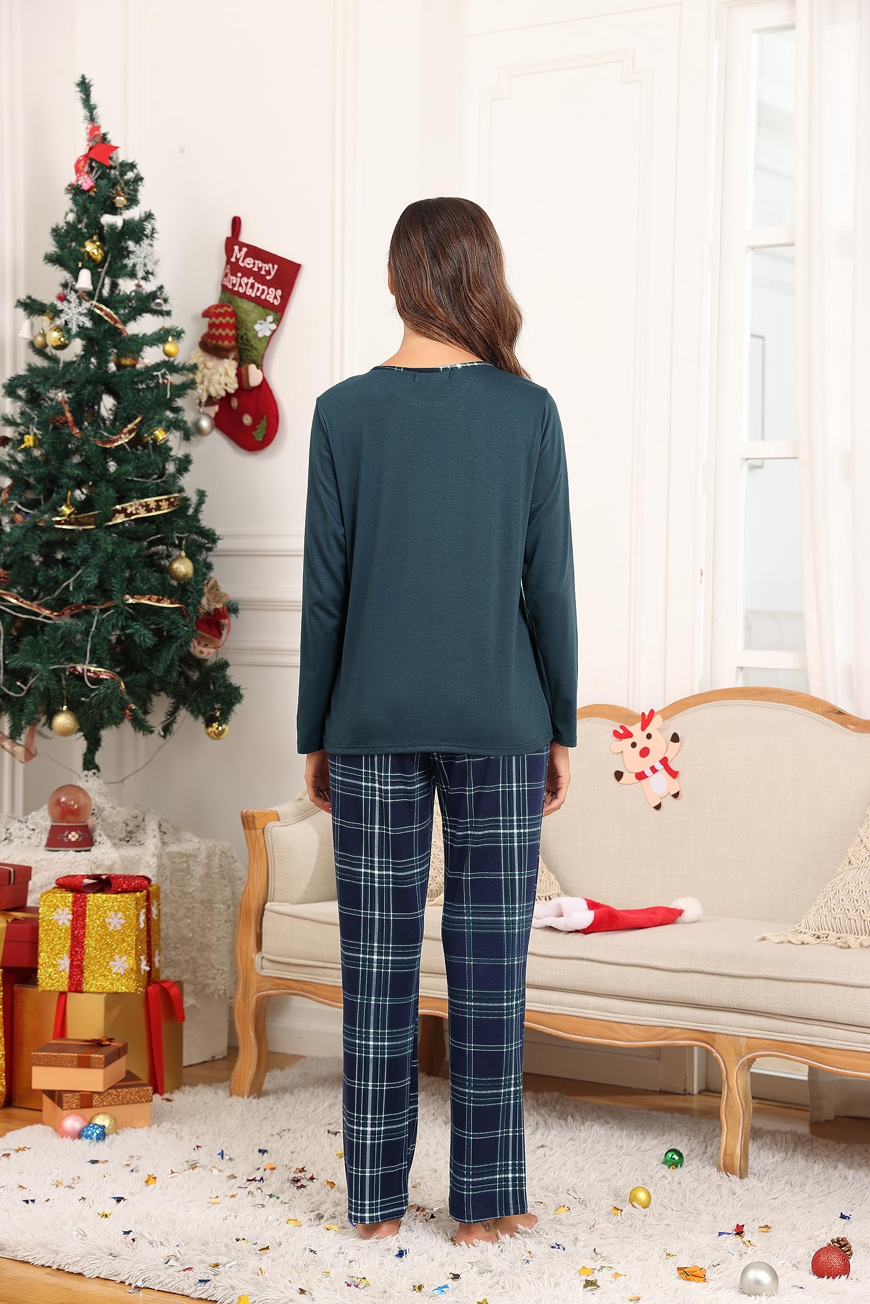 Lovasy Pigiama Donna Manica Lunga Pantaloni Lunghi Casual Scollo a V Top con Motivo a Pois Carino con Tasca Due Pezzi