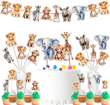 Jungle Animals Baby Shower and Birthday Party Supplies Set - Banner, Centerpieces, Cupcake Toppers, Cake Topper