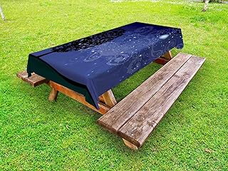 Ambesonne Starry Night Outdoor Tablecloth, Tree on a Hill with Star Filled Sky and Moon Milky Way Galaxy, Decorative Washable Picnic Table Cloth, 58