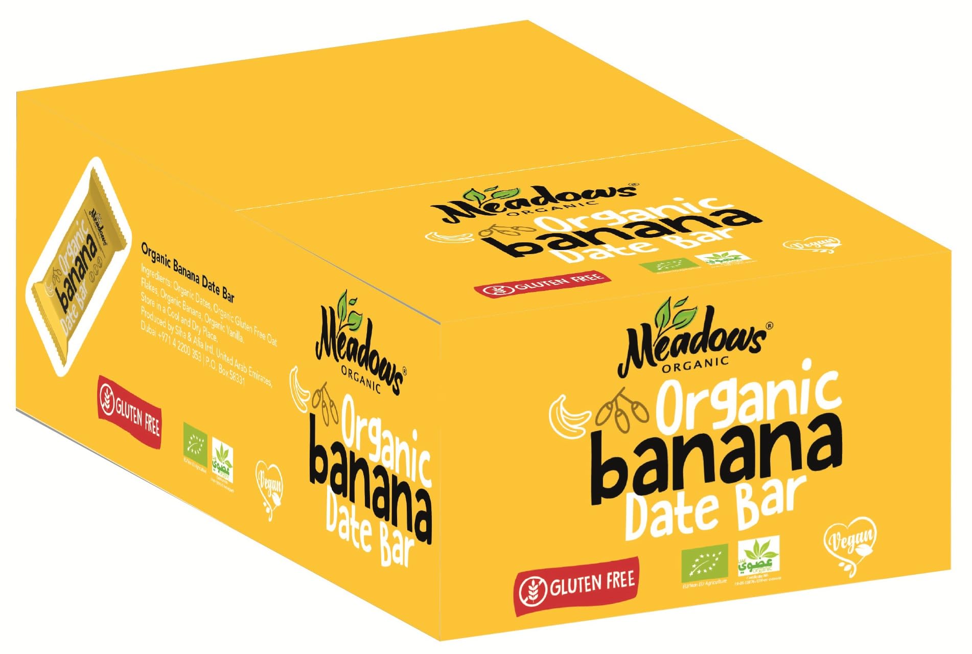 Meadows Organic Gluten Free & Vegan Banana Date Bar 960g (Box of 24 Individually Wrapped Bars / 40g each) - An Ideal Healthy Guilt-free Snacking Option