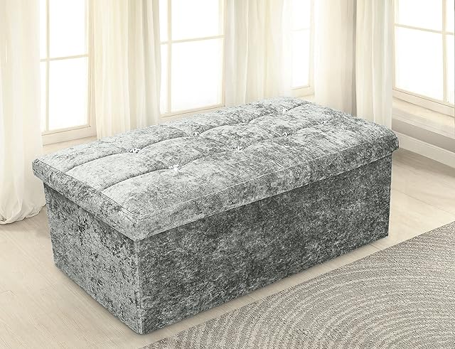 Large Ottoman Storage Box Folding Seat, Storage Stool Faux Leather Toy Chest Practical Bench Blanket Box (Crushed Velvet Buttoned Silver Grey, 76x38cms)