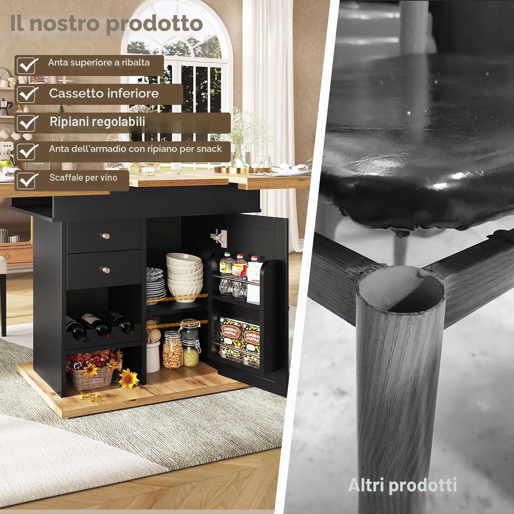 Tavolo da pranzo telescopico da cucina pieghevole per 4-6 persone, tavolo con snack e scaffale per vino, tavolo da pranzo estraibile, 1 ante e 2 cassetti, per cucina e soggiorno 110-140 x 80 x