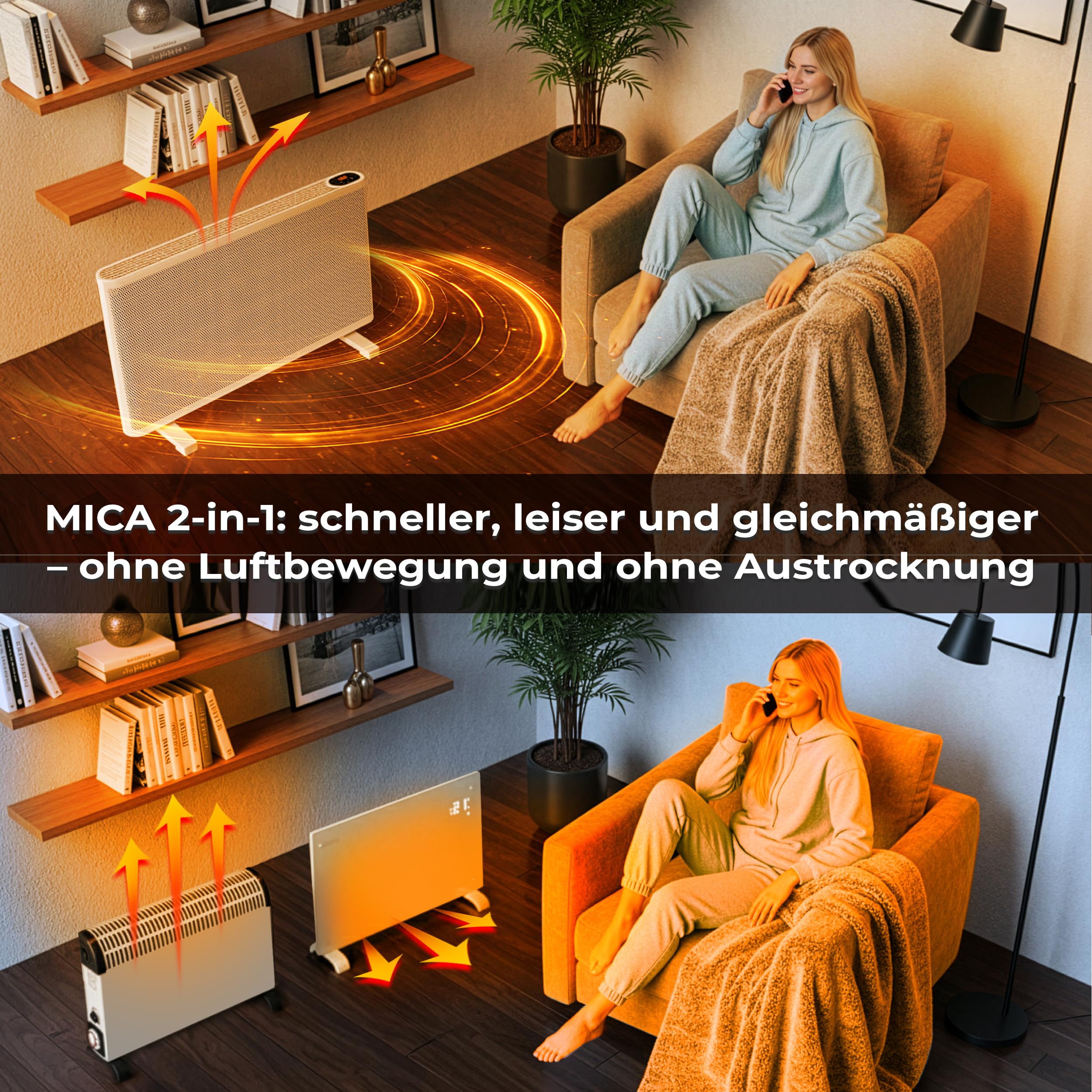 grzejnik na podczerwień konwektorowy 2w1 MICA 2000W z WiFi – szybkie grzanie, termostat, timer, ochrona przed zamarzaniem, montaż stojący lub na ścianie, energooszczędny