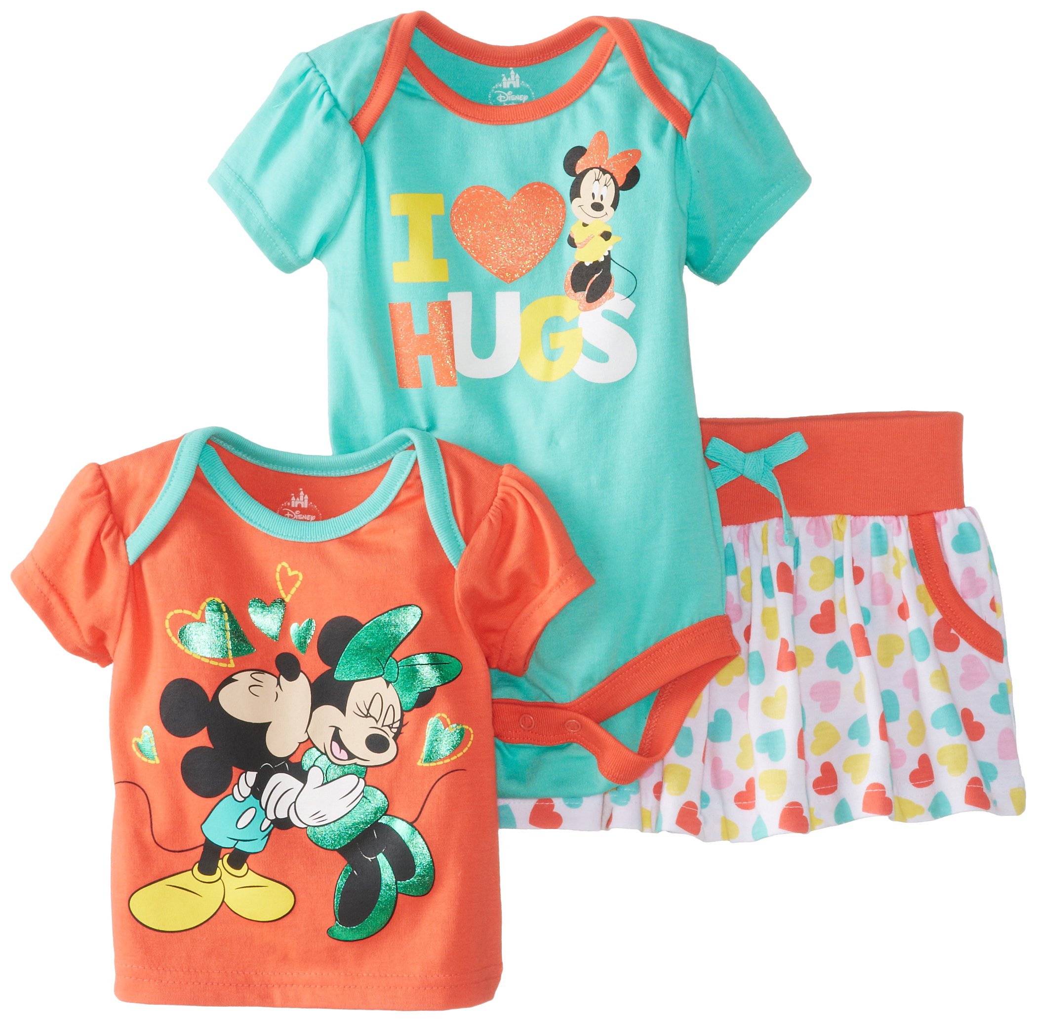 Disney Baby Baby-Girls Newborn Minnie Mickey 3 Piece Skirt Set, Bermuda/Hot Coral, 0-3 Months